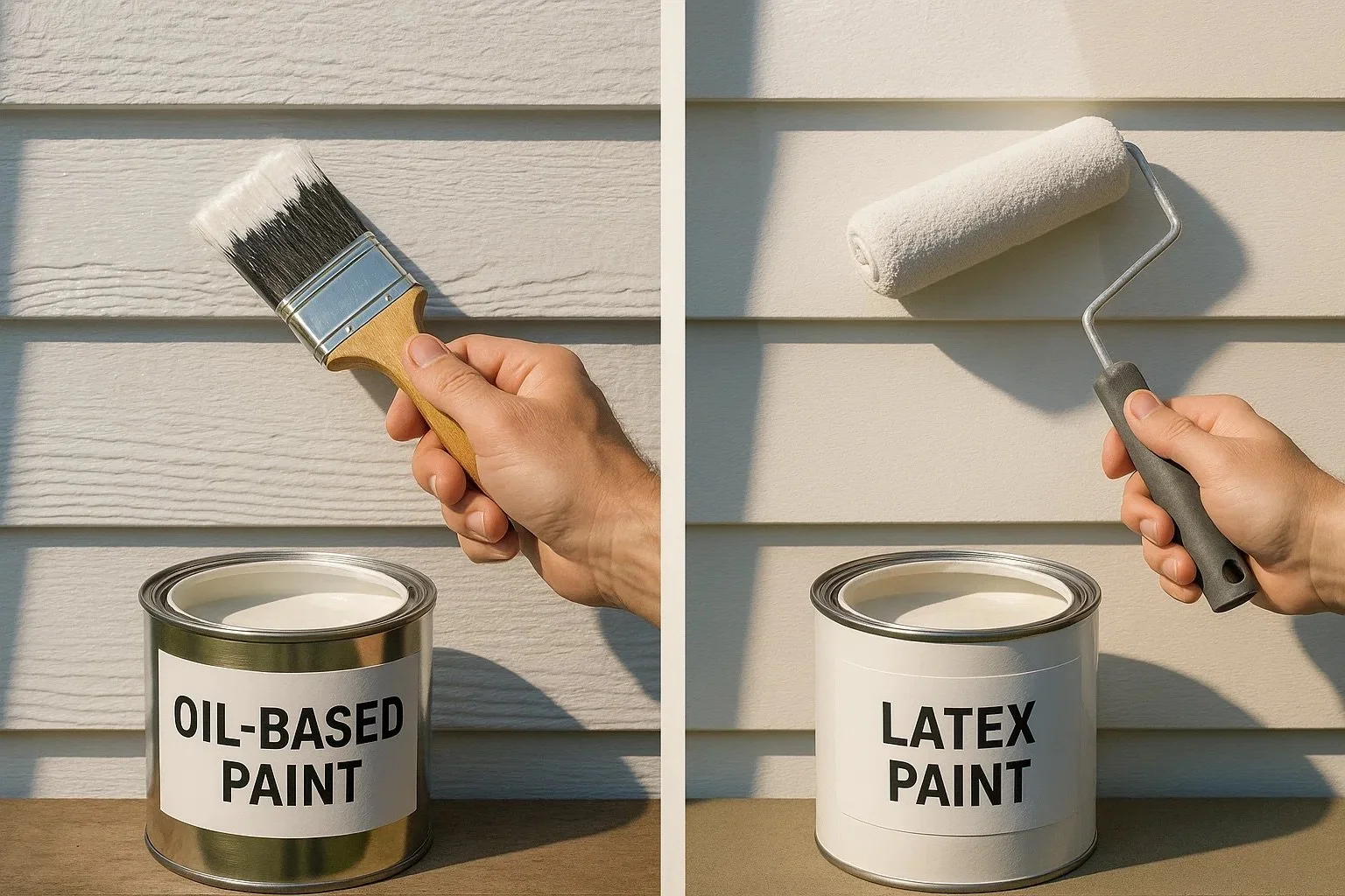 Side-by-side view of oil-based and latex paint being applied on different exterior surfaces, showing texture and finish differences