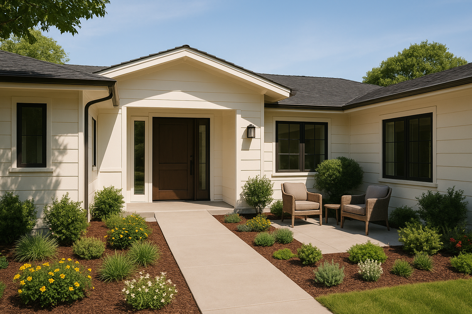 Single-story home remodel with accessible entryways and fresh exterior design for baby boomers.