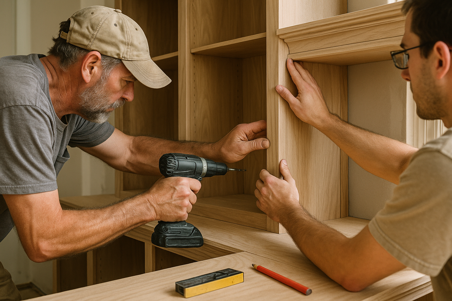 Contractor painting built-in bookshelves during remodeling process