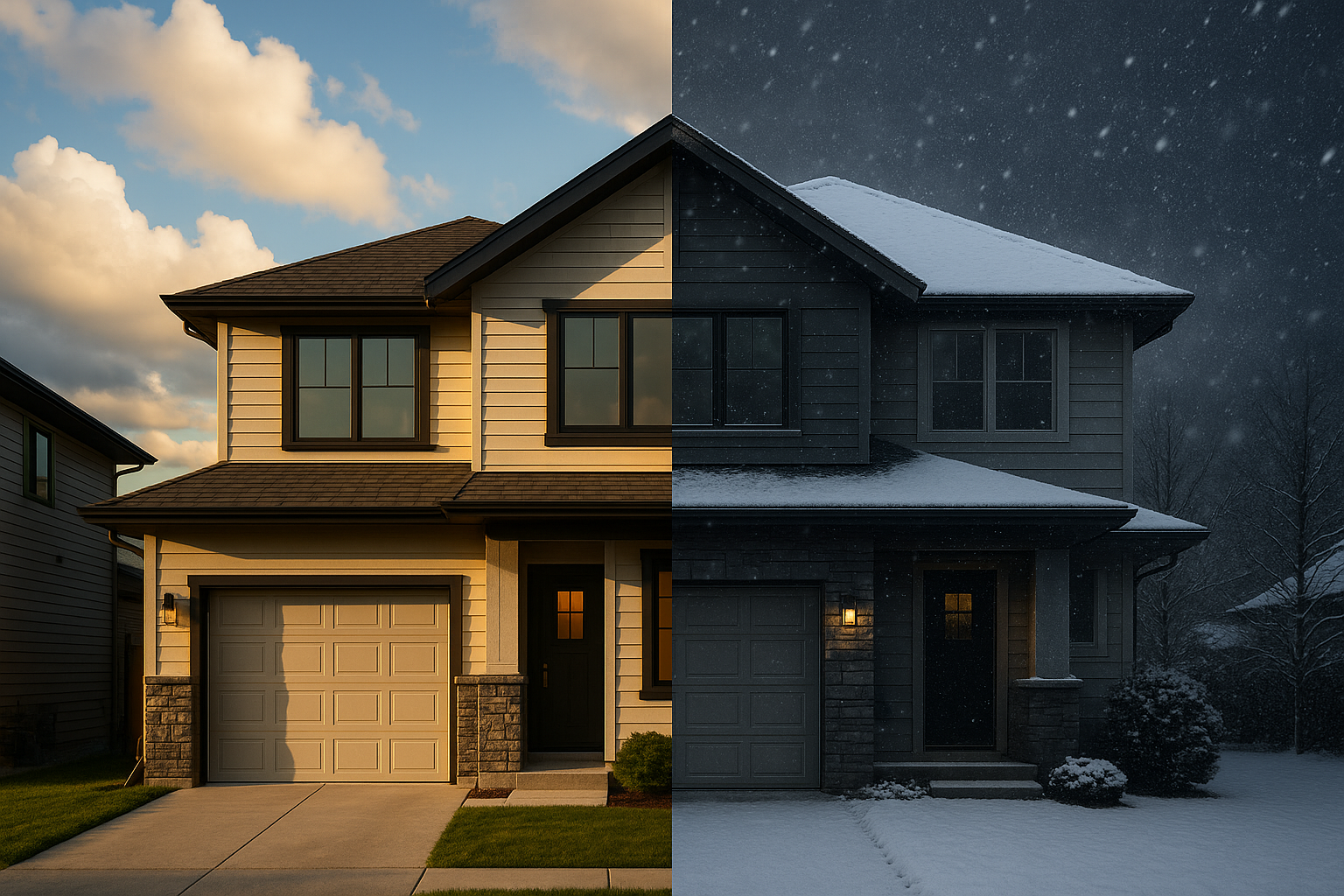 Modern home exterior showing the impact of sun and snow on remodeling decisions.