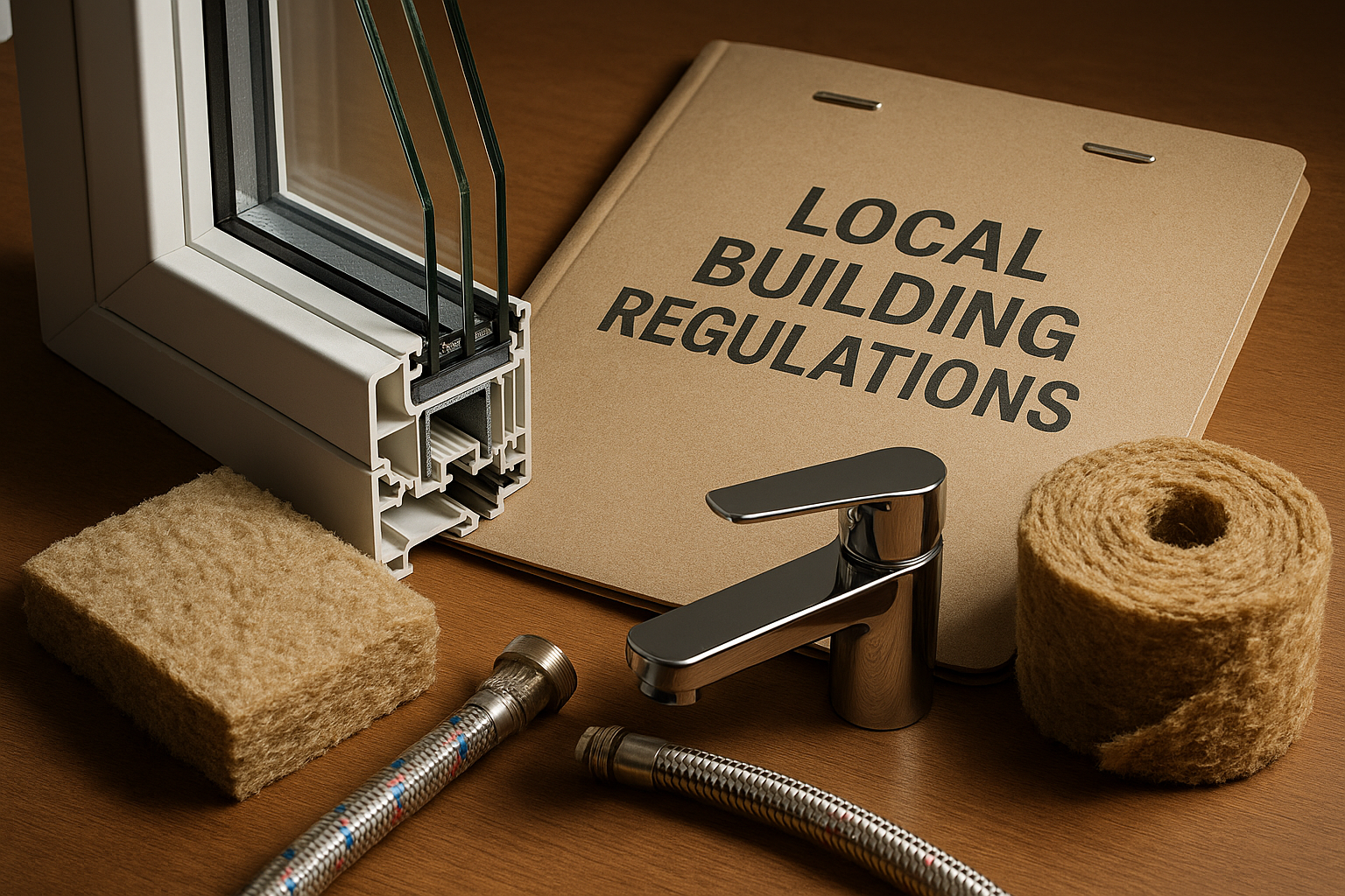 Sustainable remodeling materials alongside building regulation documents.