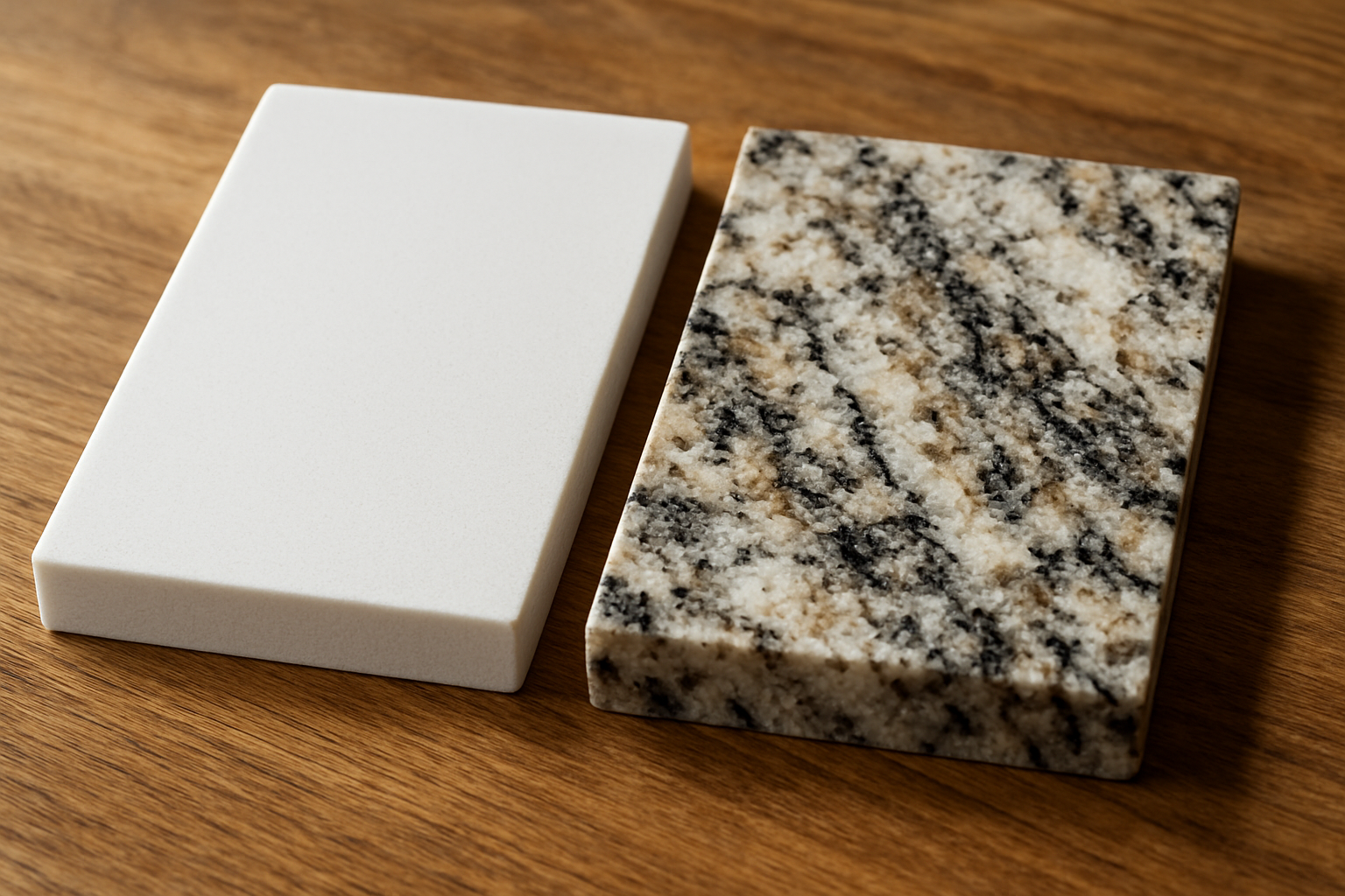 Close-up comparison of quartz and granite countertop slabs showing textures and details.