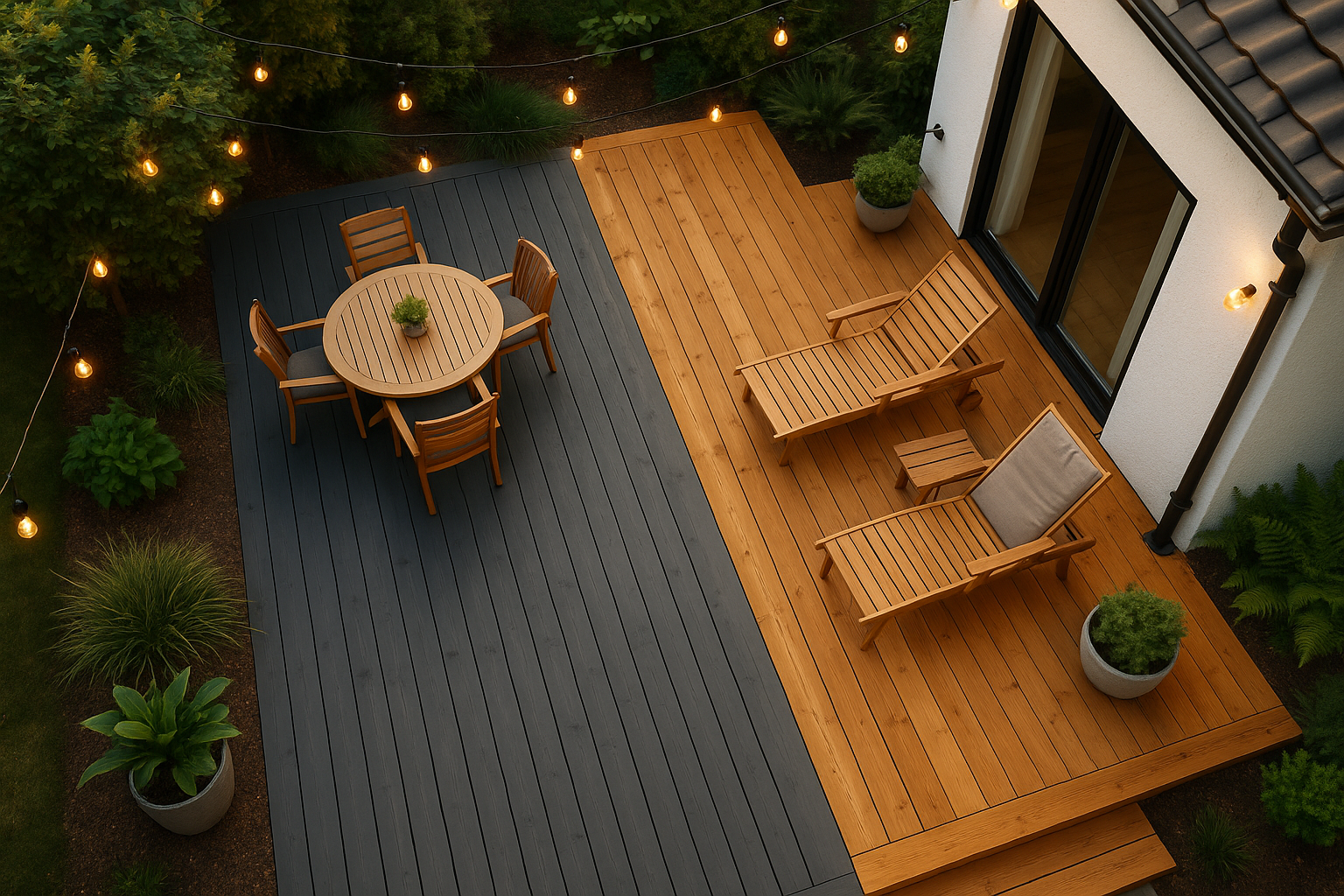 Modern backyard deck with painted and stained sections side by side.