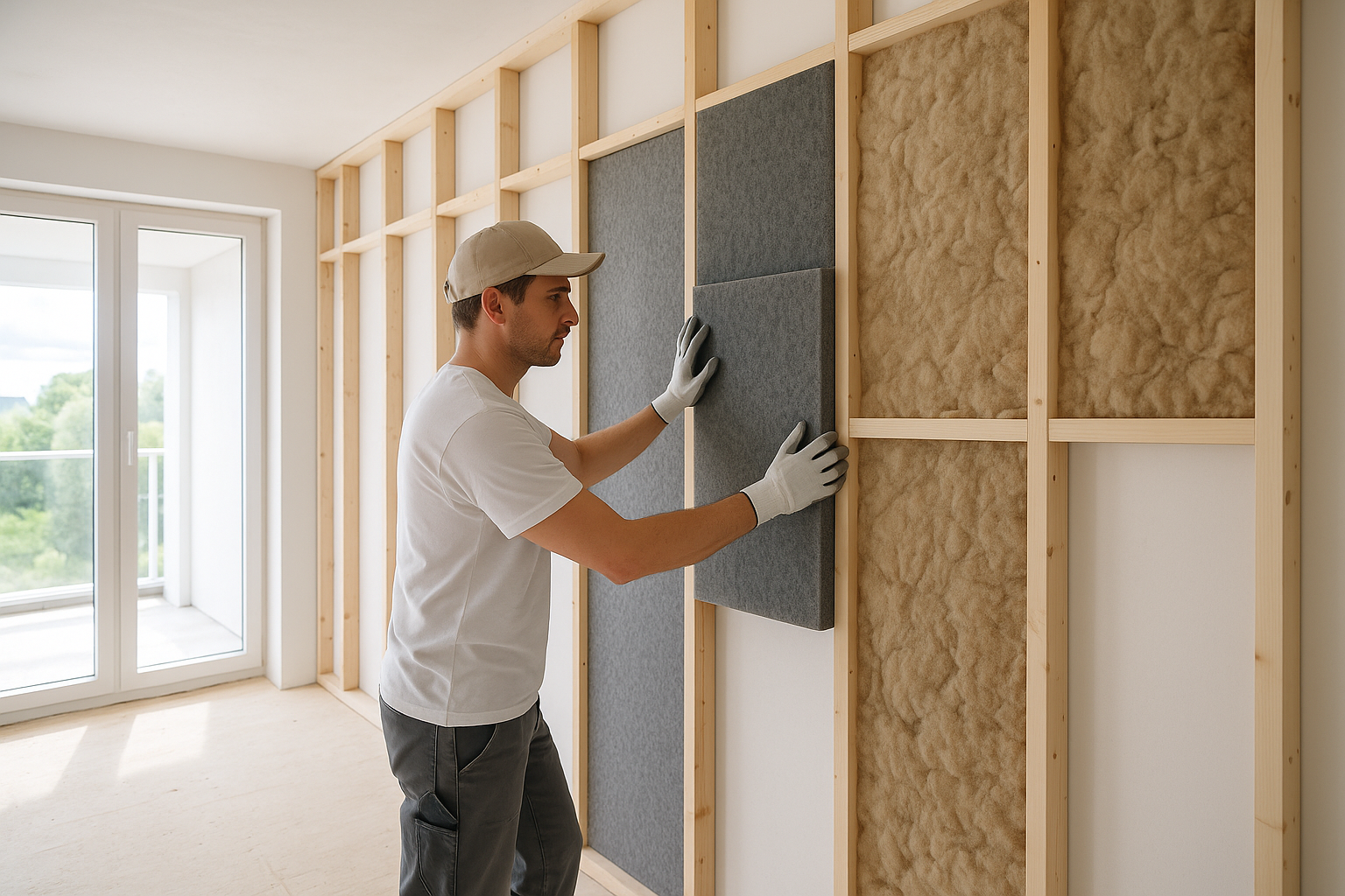 Acoustic insulation installed between wall studs for soundproofing