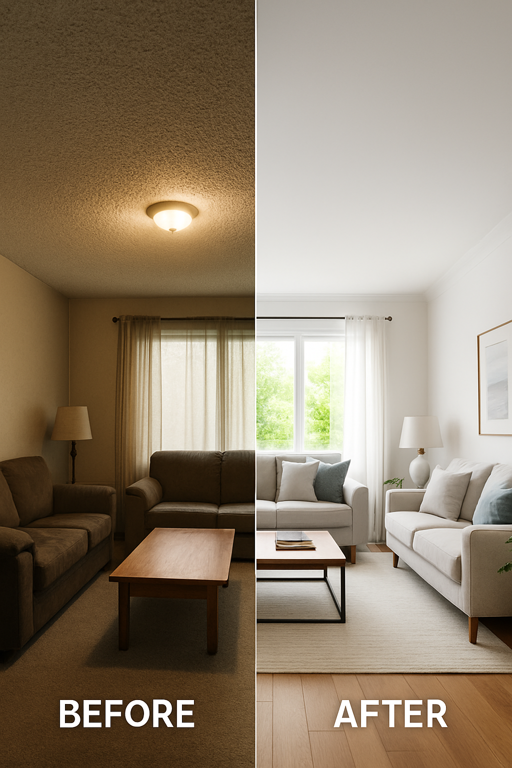 Before and after popcorn ceiling