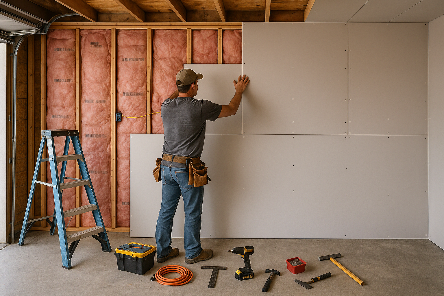 Contractor working on a garage conversion project with insulation and drywall installation.