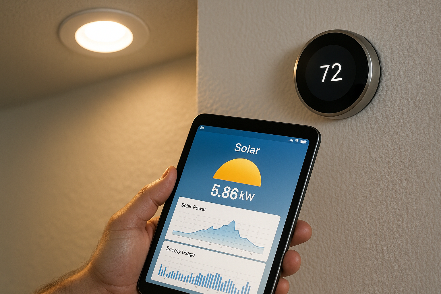 Energy-efficient smart appliances paired with solar monitoring system.
