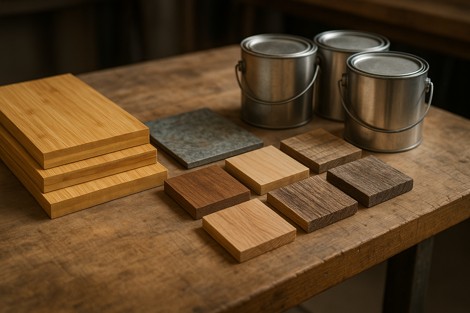 Collection of eco-friendly remodeling materials including bamboo, reclaimed wood, and recycled metal.