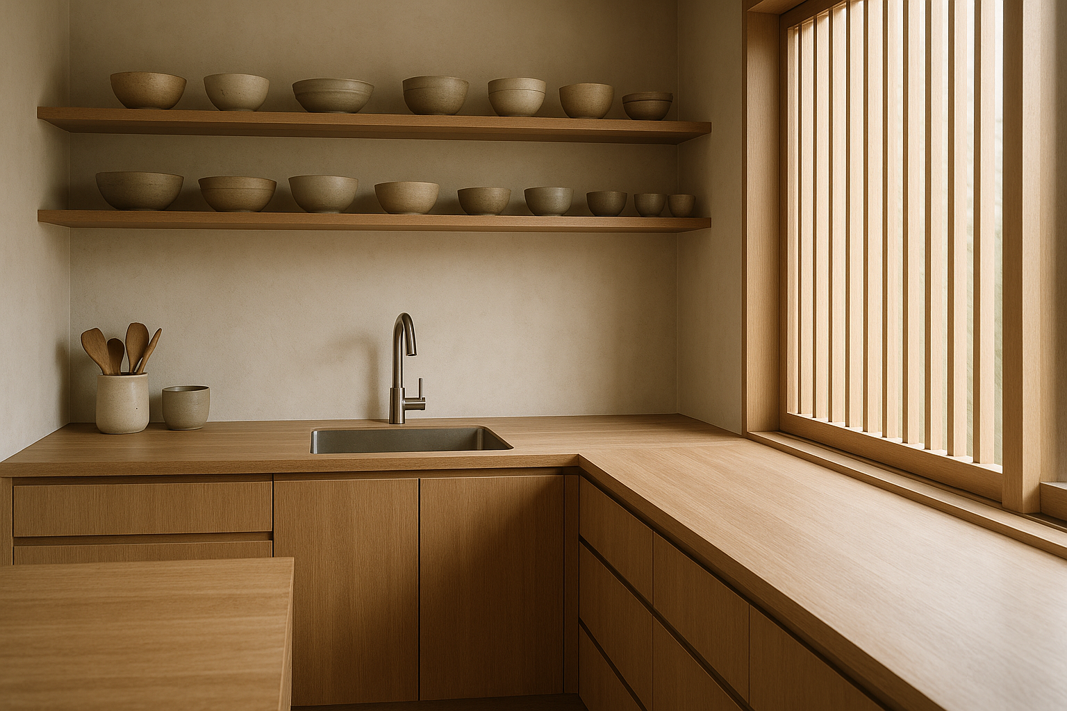 Ultra-realistic minimalist Japanese-inspired kitchen remodel with natural wood counters and soft lighting.