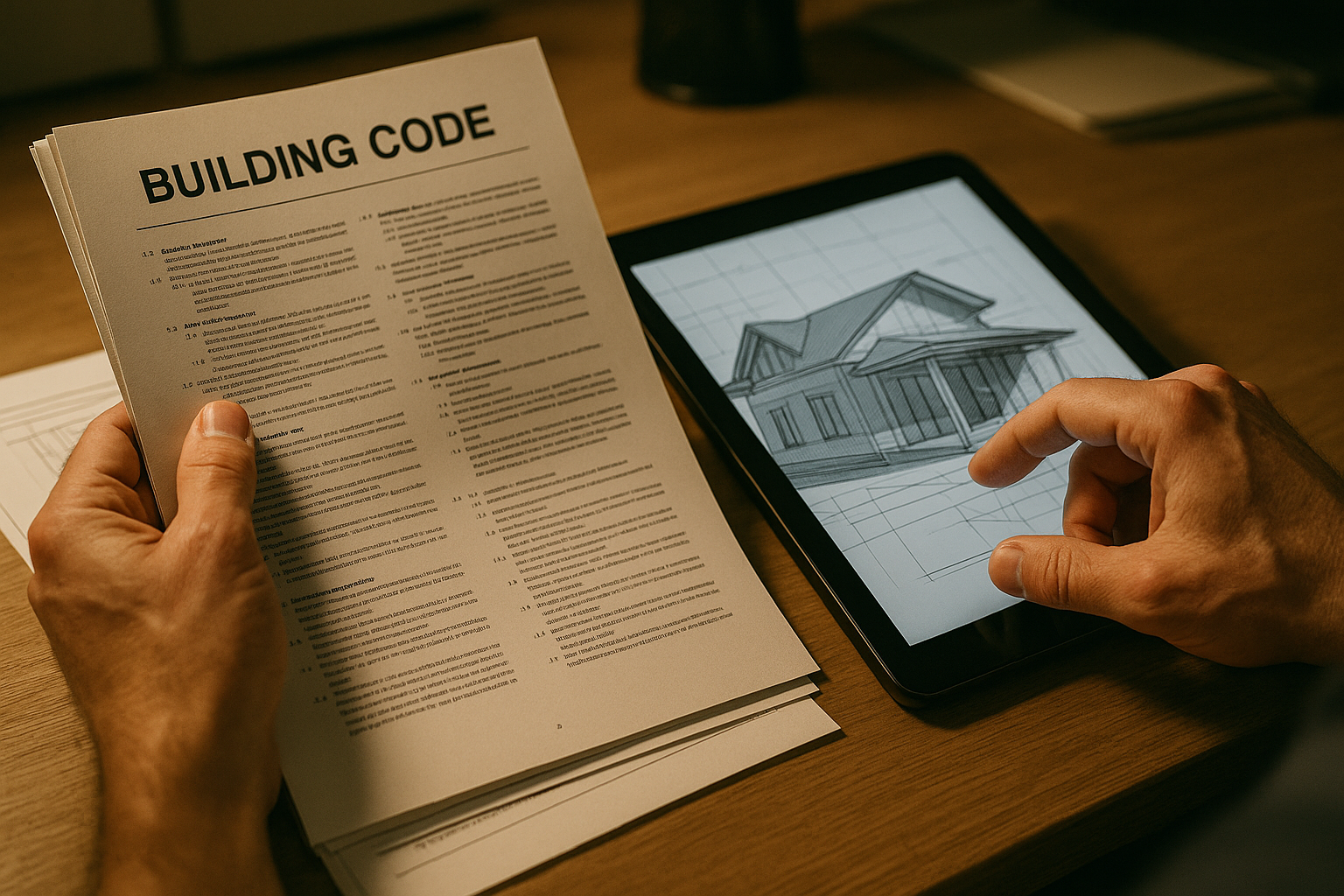 Architect reviewing local building code documents for a remodeling project.