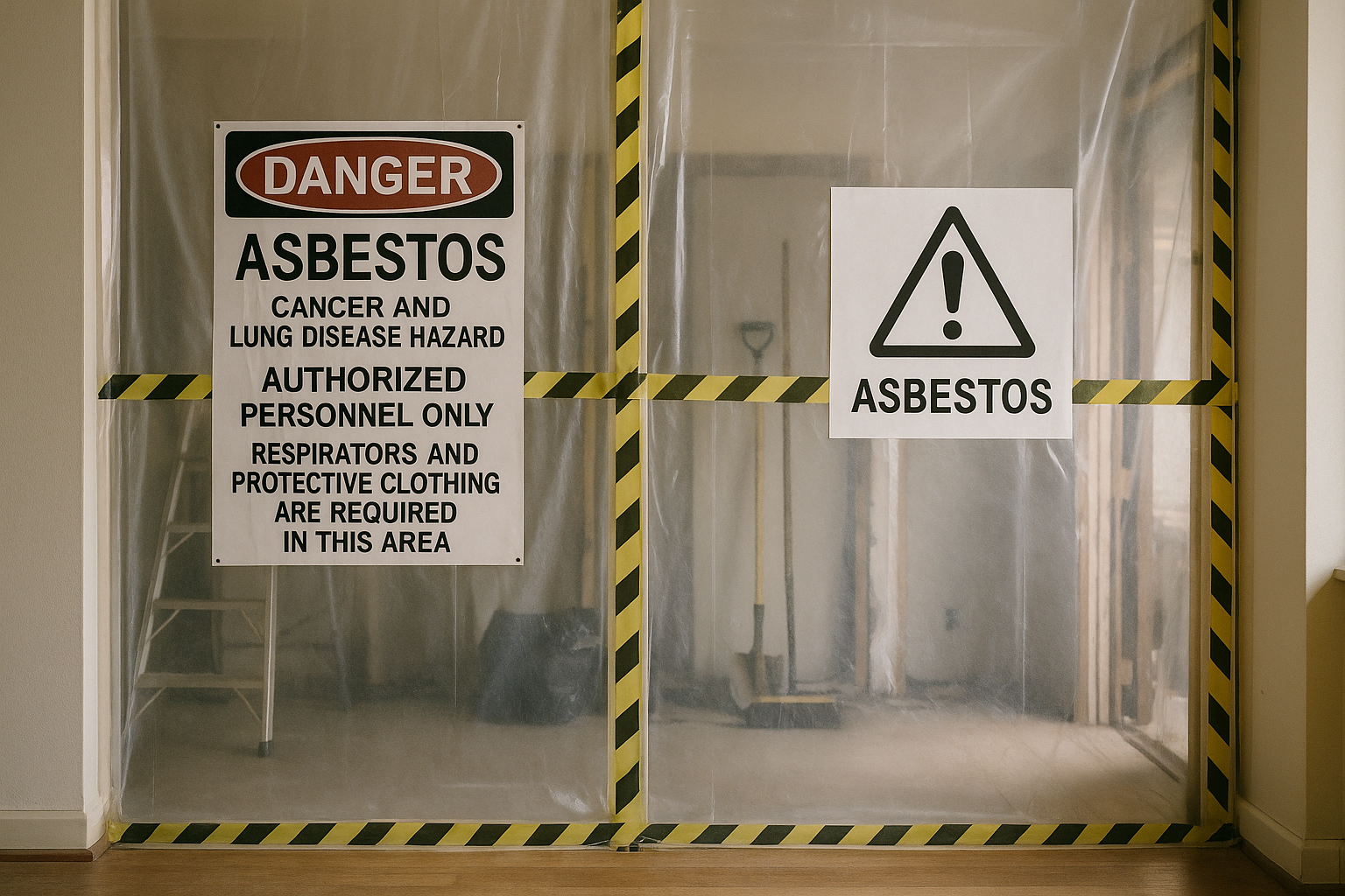 Asbestos warning signs and sealed-off renovation area inside a home during safe remodeling.
