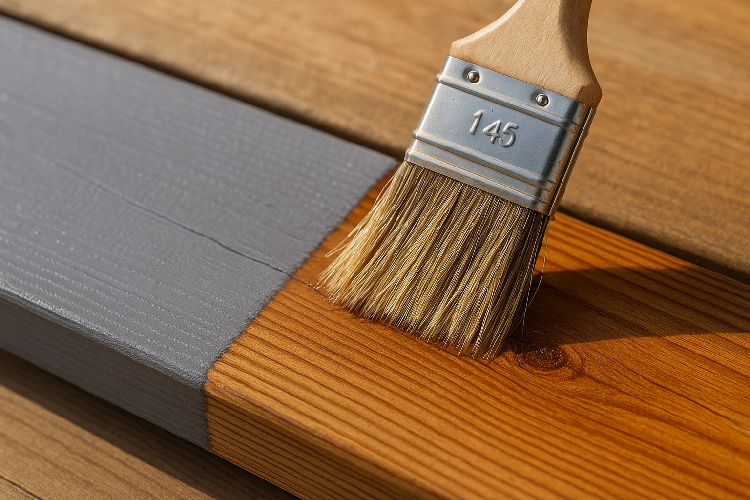 Close-up of a deck board being painted and stained for remodeling contrast.