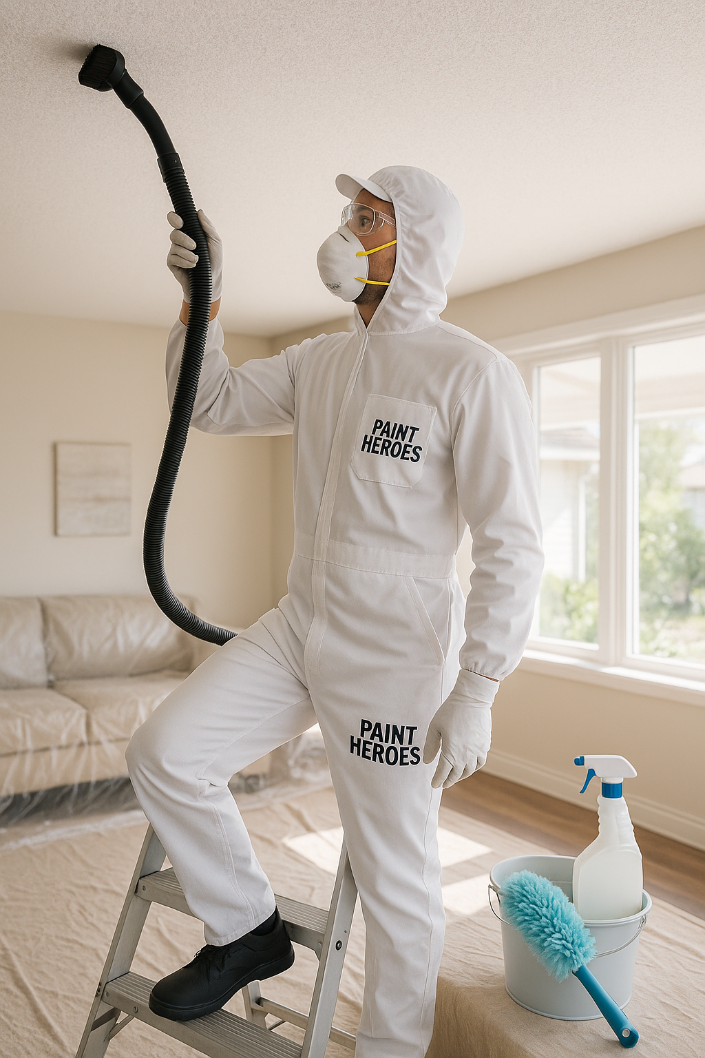 Painter cleaning popcorn ceiling