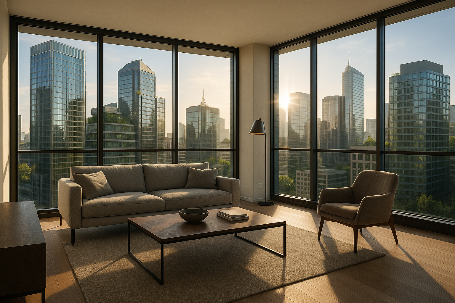 Modern apartment with energy-efficient floor-to-ceiling windows.