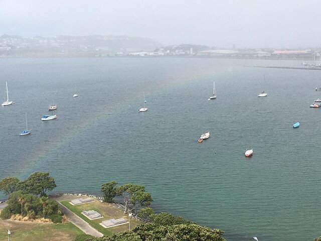 Foggy days make for many moods in Evans Bay, including rainbows.