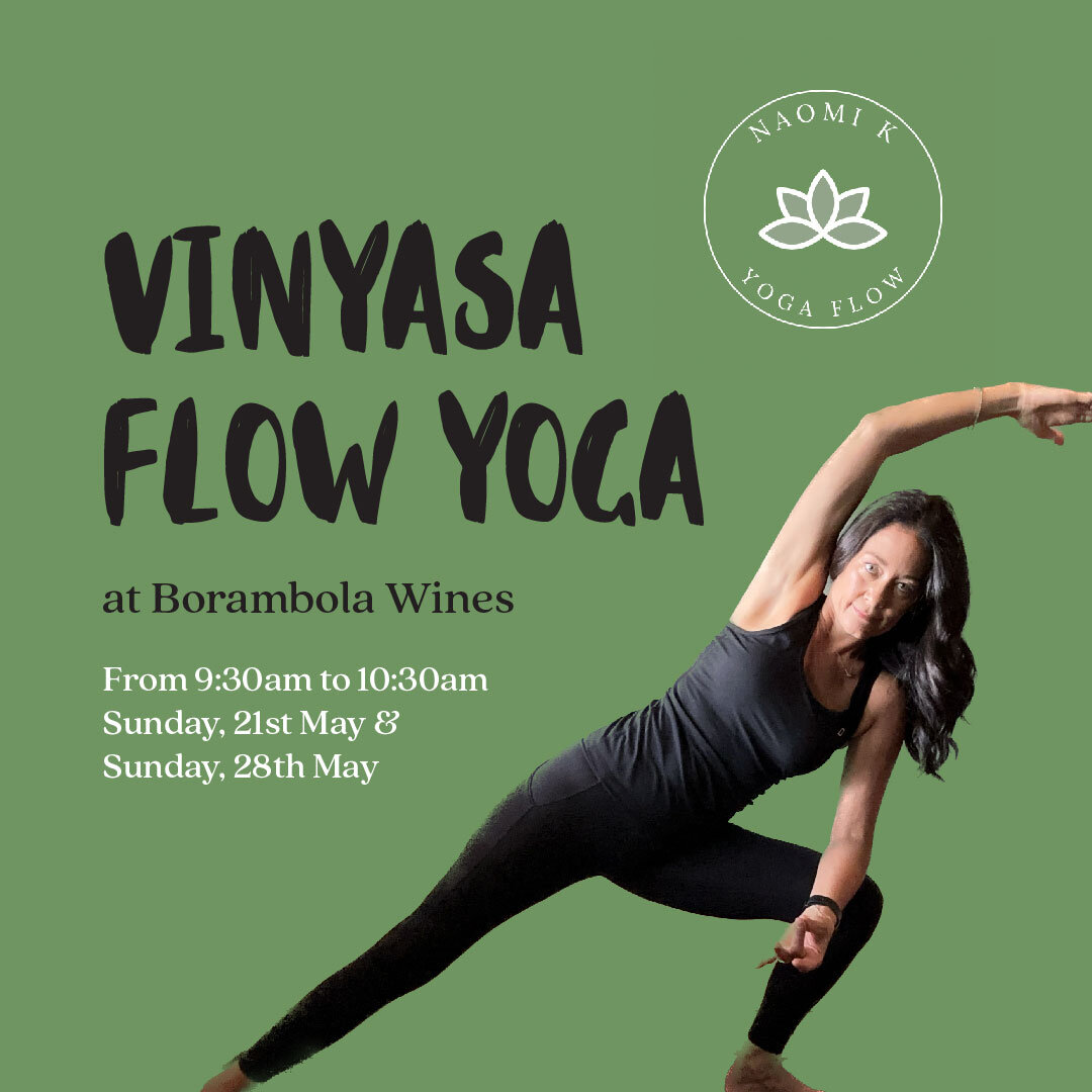 Take a break and join us for our Pop-Up Vinyasa Yoga Sessions with Naomi K Yoga Flow! 🖤 

This is the perfect opportunity to de-stress your mind and body while enjoying the tranquil surroundings of our vineyard. 

Our one-hour sessions will be held 