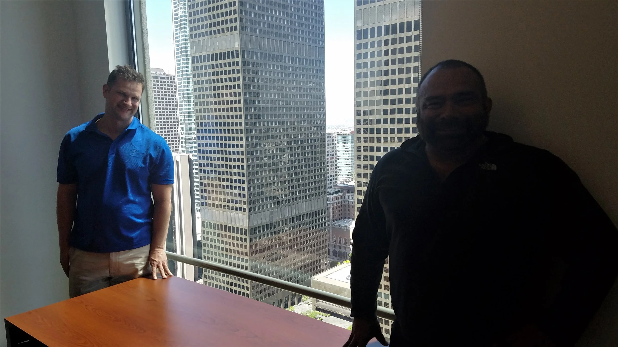 William D Bowen CEO and Gustavo A Yanez CFO after a productive day at work at Global Oil and Gas World Headquarters , Downtown Los Angeles.