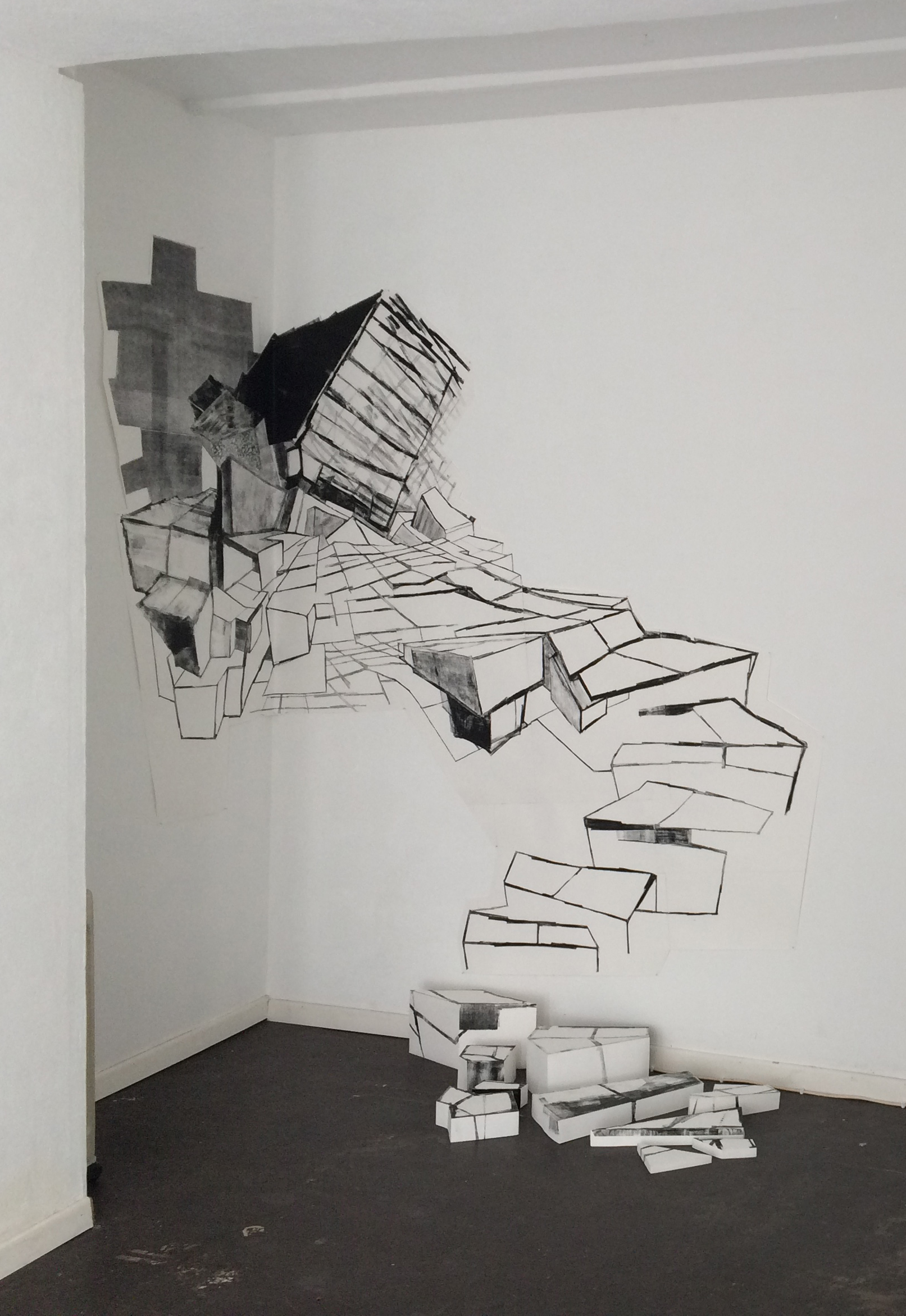 ///CC / assemblage of monotype prints on Rives paper glued together, with 3D extension forms on the floor / 200-250 cm / Kunstraum R57, Zürich / 2016