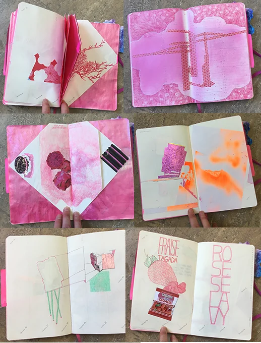 ///c’est un agenda molesquine 2013 à couverture rose trouvé au marché aux puces, au fond d’un carton ‘tout à 5 francs‘ laissé pour compte, terne et inanimé il a été rempli à fur et à mesure avec une légèreté sérieuse dessins, collages, découpages, mots il a pris corps il s’appelle pinku 21-13-4 cm / 2013-2018
