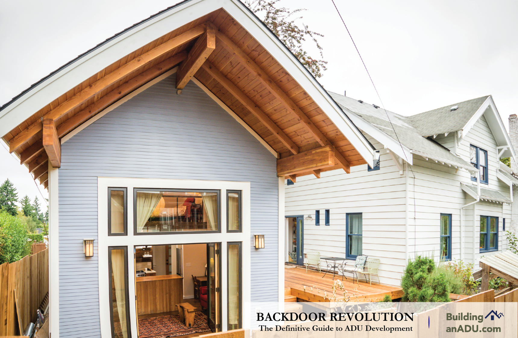  A detached new construction ADU with a modern cantilevered eave, shown behind the primary house. This  ADU was featured on the fall, 2015 ADU Tour .&nbsp; 