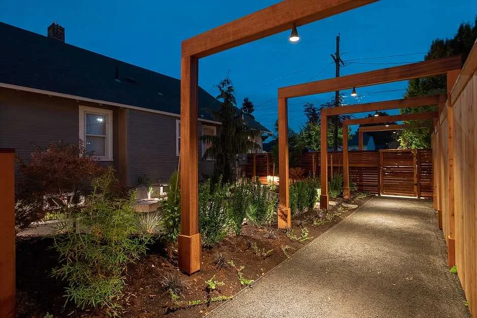 The view of the arches from the ADU toward the front fence of the property. Photo by Carlos Rafael Photography