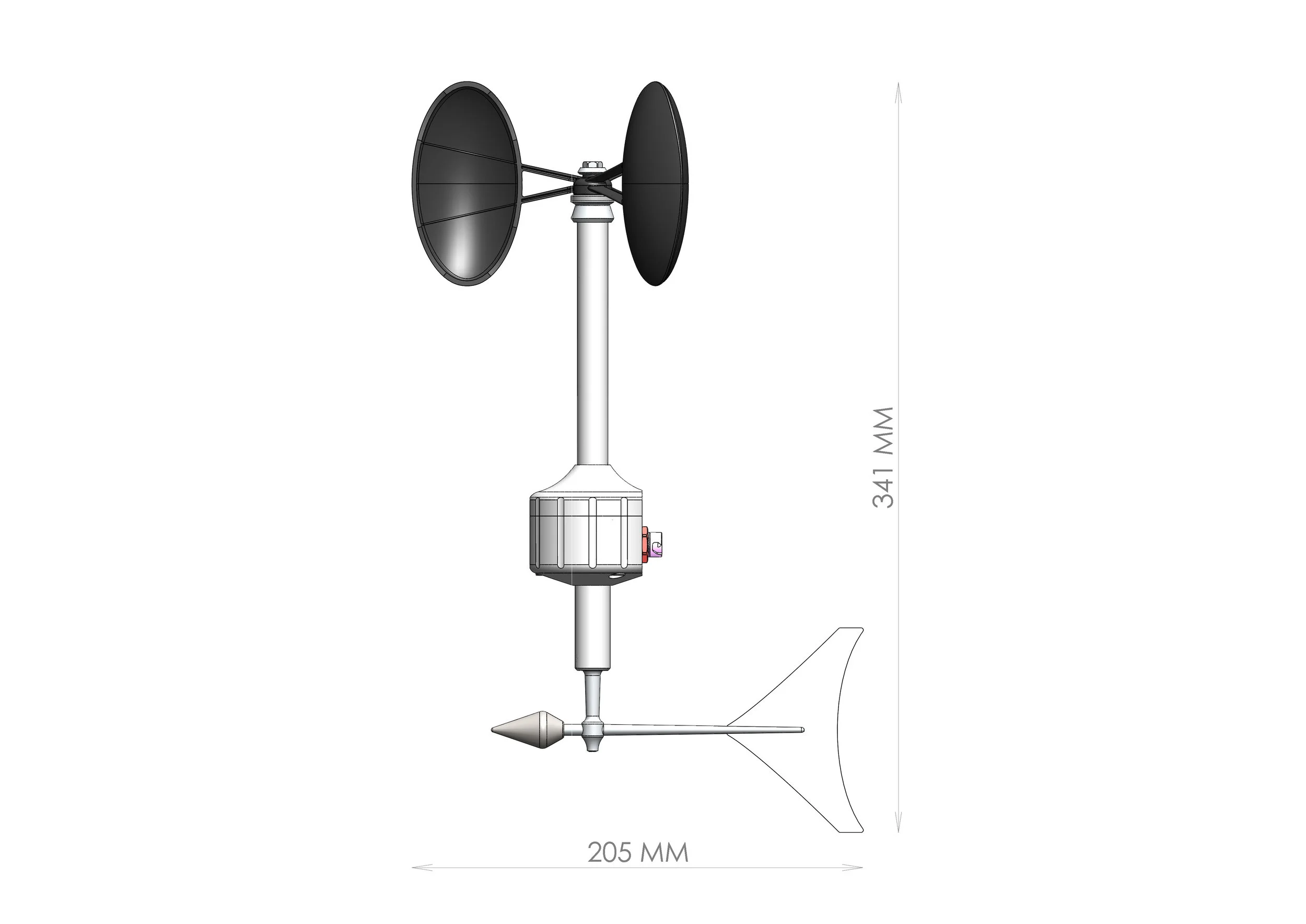 Meteowind 2 anemometer with wind vane dimensional drawing showing the sensor's compact size.