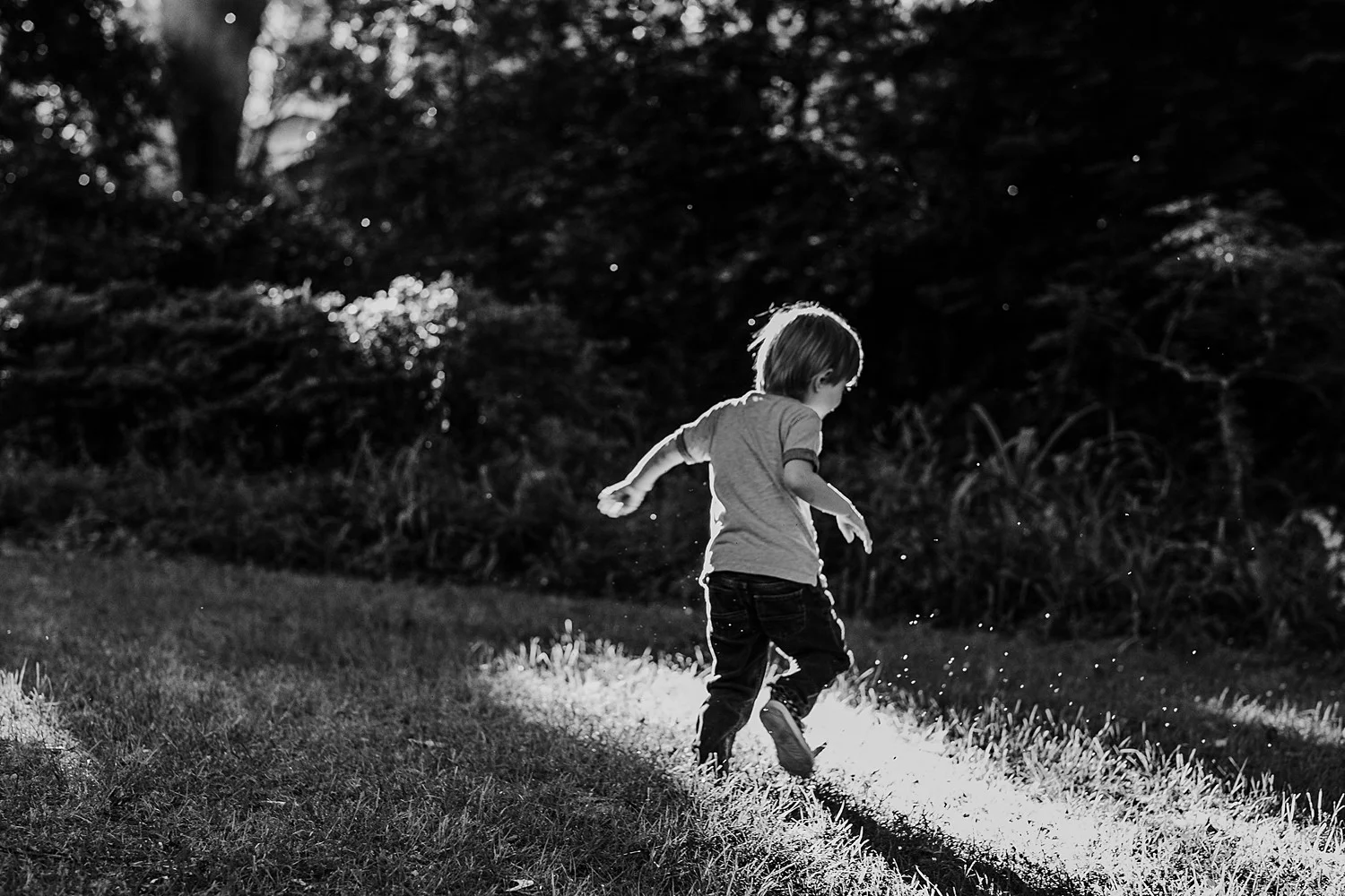 little boy running through the sunlight