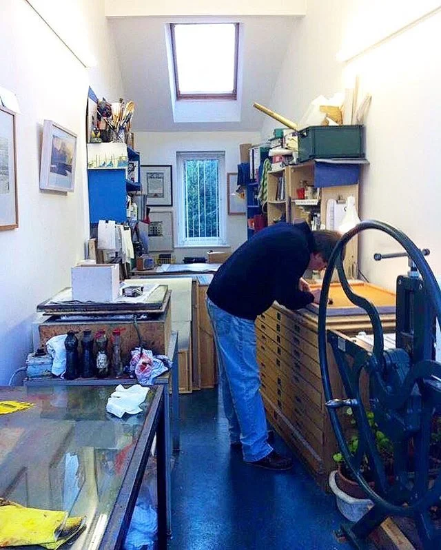 In the studio, working on some new prints