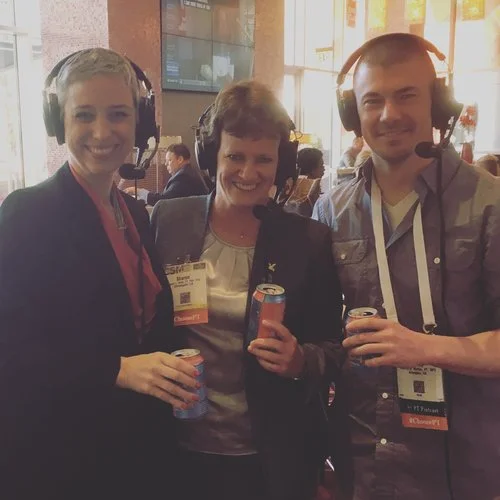 WCPT President Emma Stokes and APTA President Sharon Dunn with Jimmy @ CSM 2017 in San Antonio.