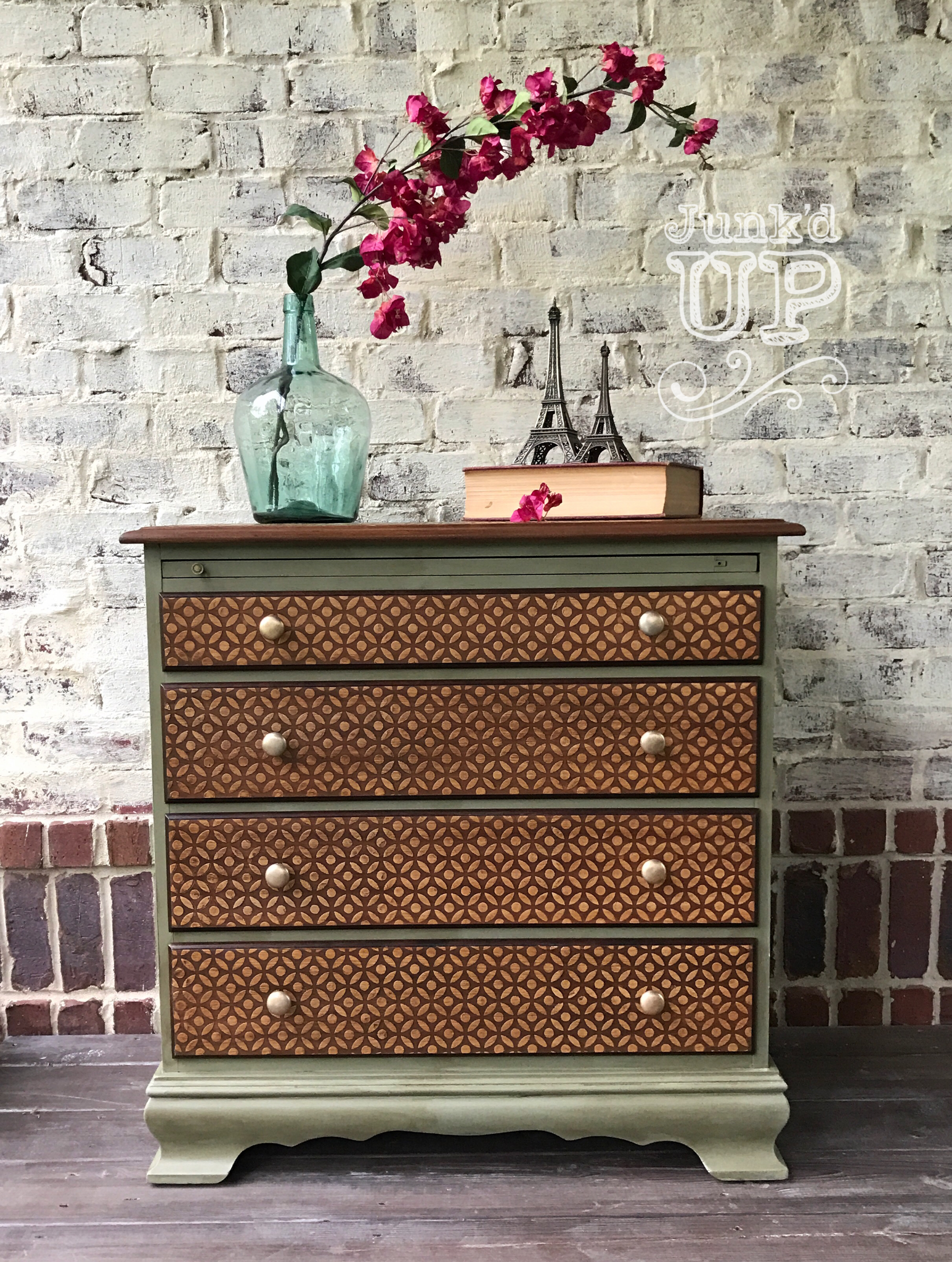 I made some unique choices with stencils and texture medium to create this one-of-a-kind piece custom for a client.