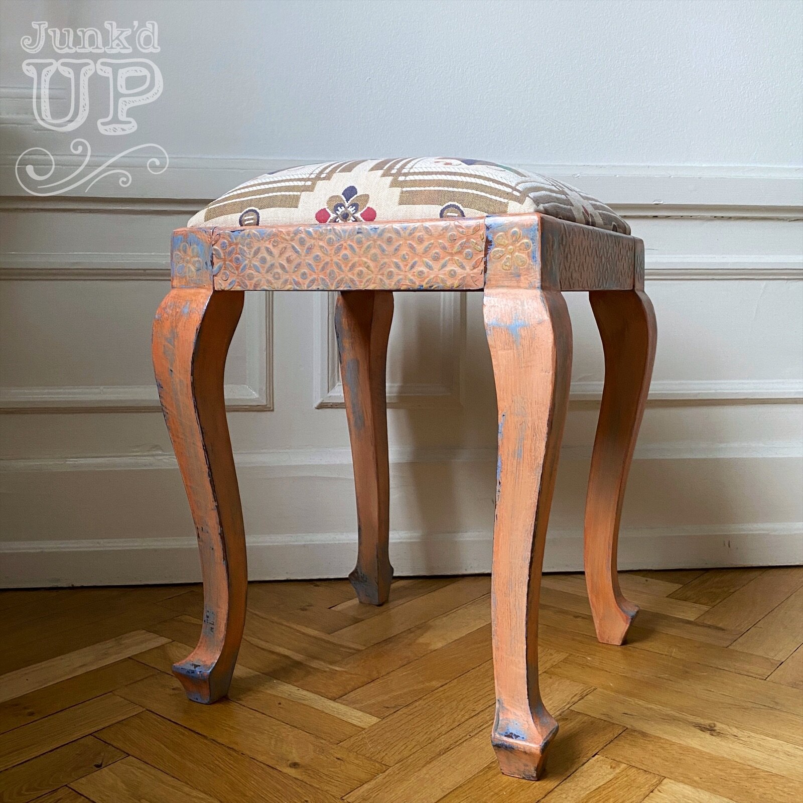 Vintage Stool in Coral and Blue