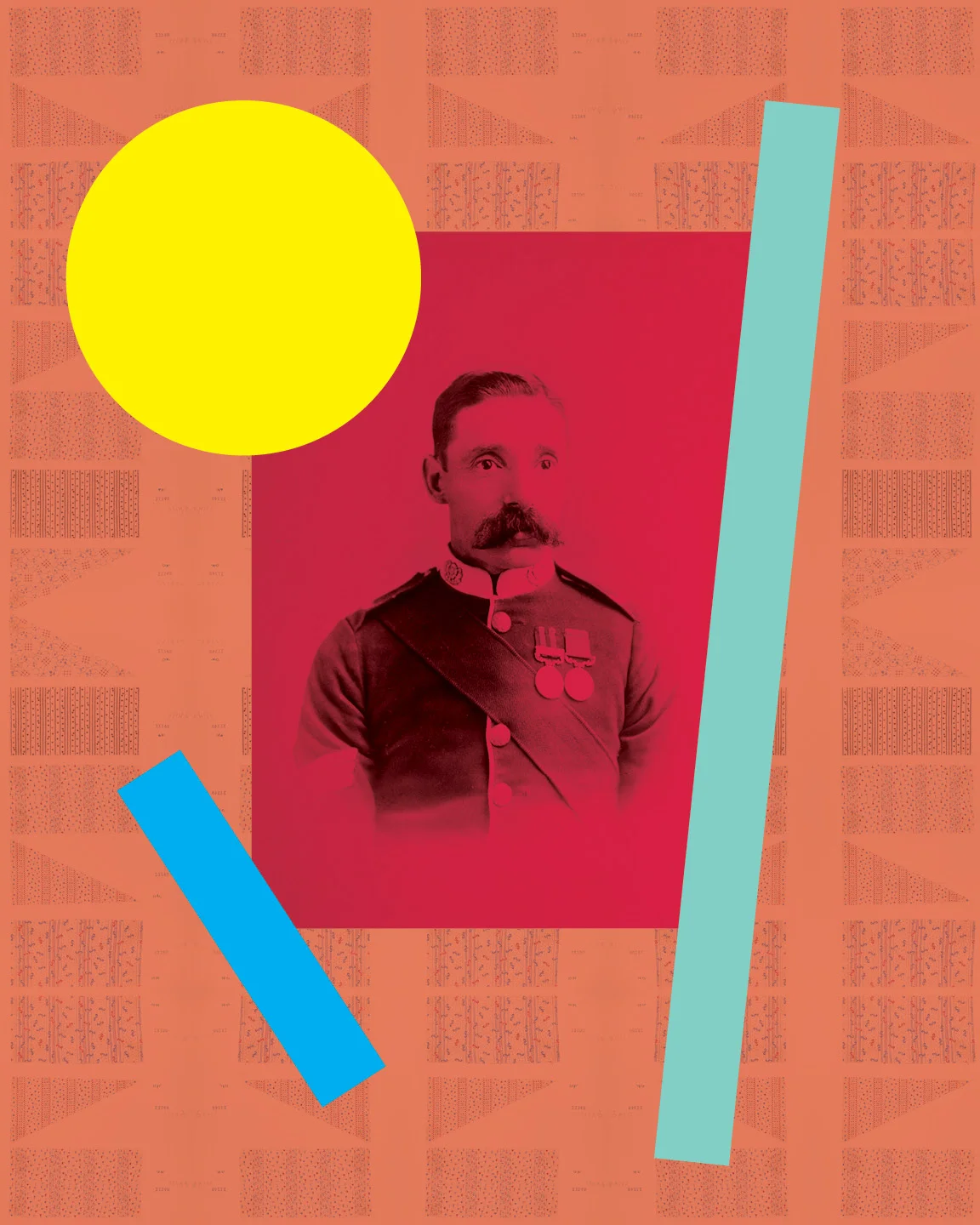 Digital collage of Public Domain images, colour blocks, and textile samples.