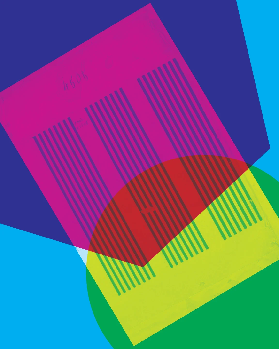 Digital collage of colour blocks, and textile samples.