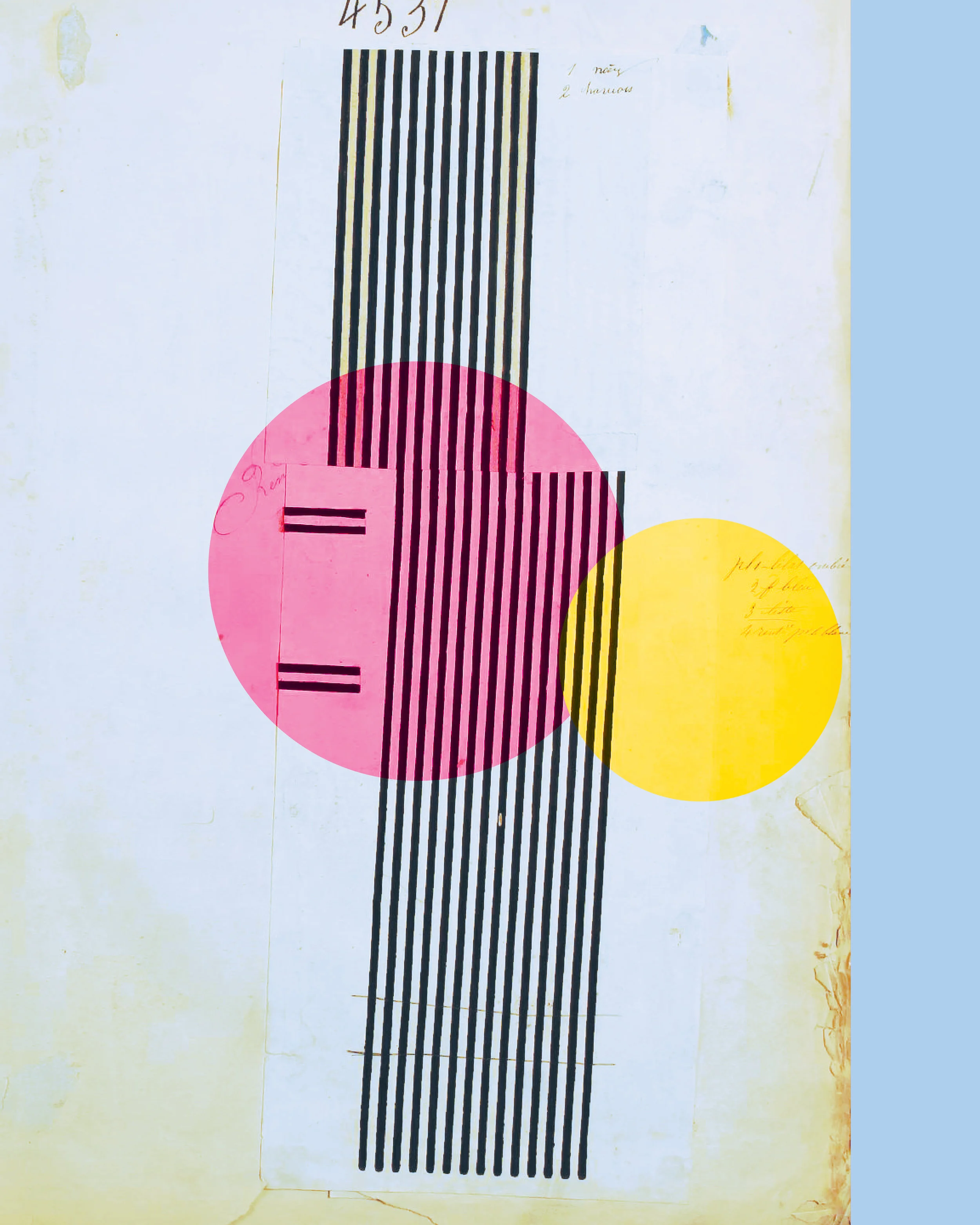 Digital collage of Public Domain image of an old piece of paper, colour blocks, and textile samples.