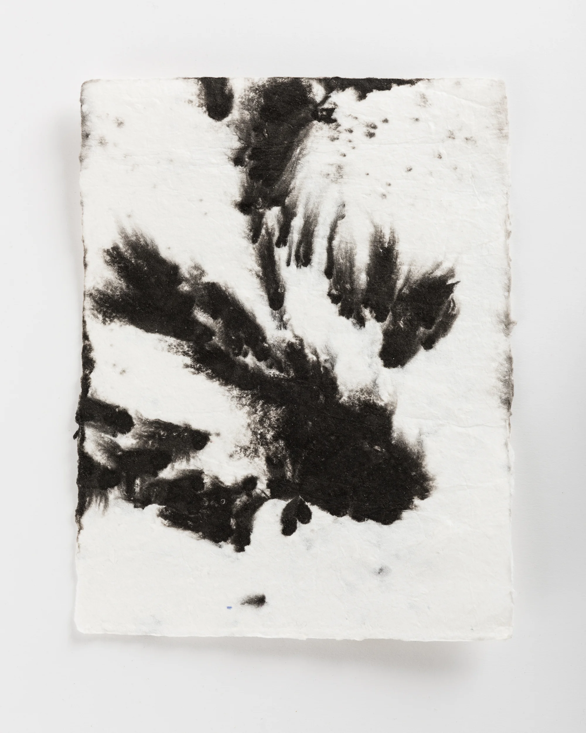 Handmade paper. Made by hydrating and beating cotton linter, and then forming 8x10 sheets onto a vacuum table and adding black pigment directly to the wet sheets.