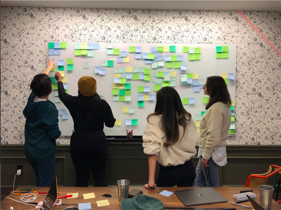 Our team analyzing user interviews through an affinity map