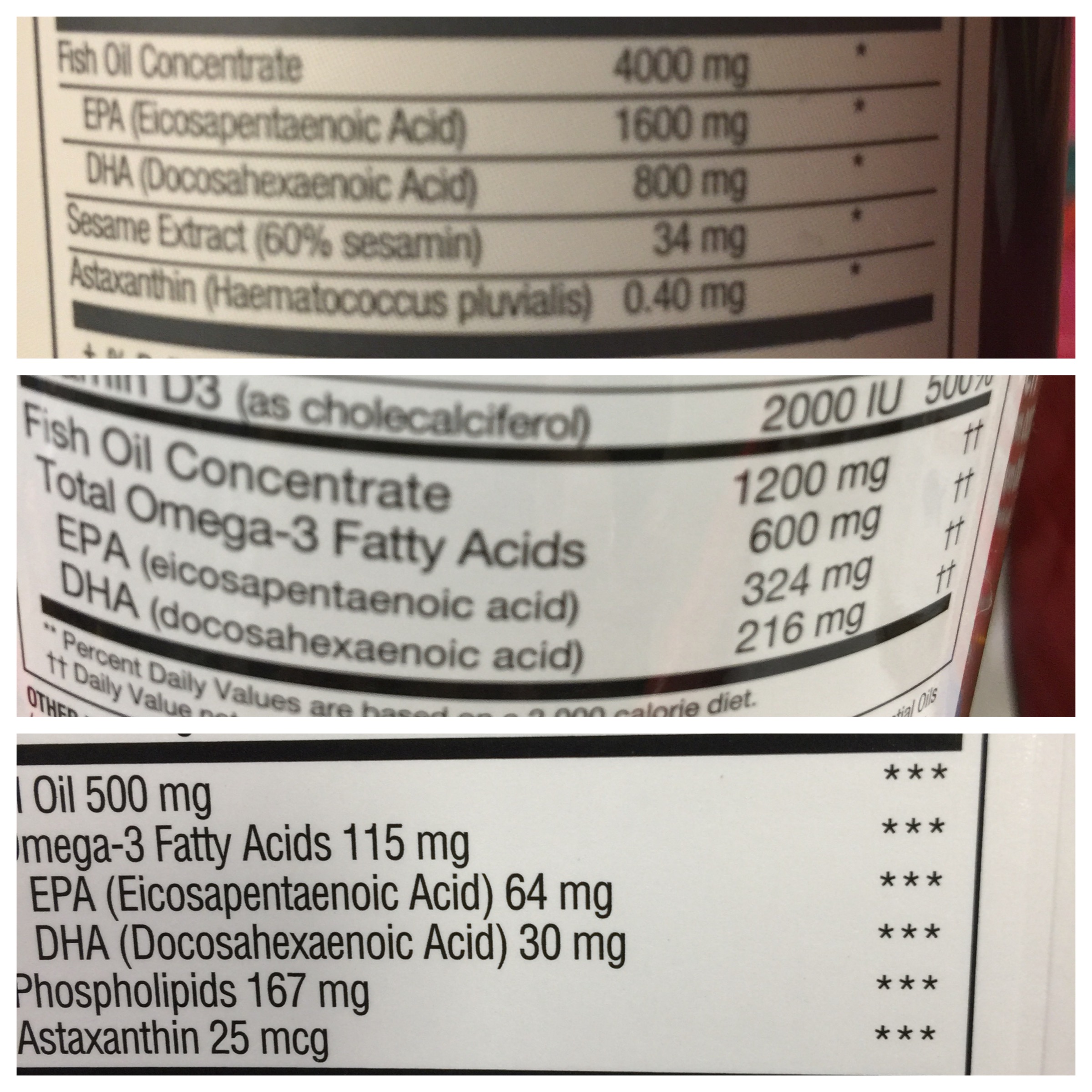 Top: Life's Abundance Fish Oil Capsules. Middle: A brand sold by Sam's Club. Bottom: I don't remember where I saw this one, but let's call it "don't bother".