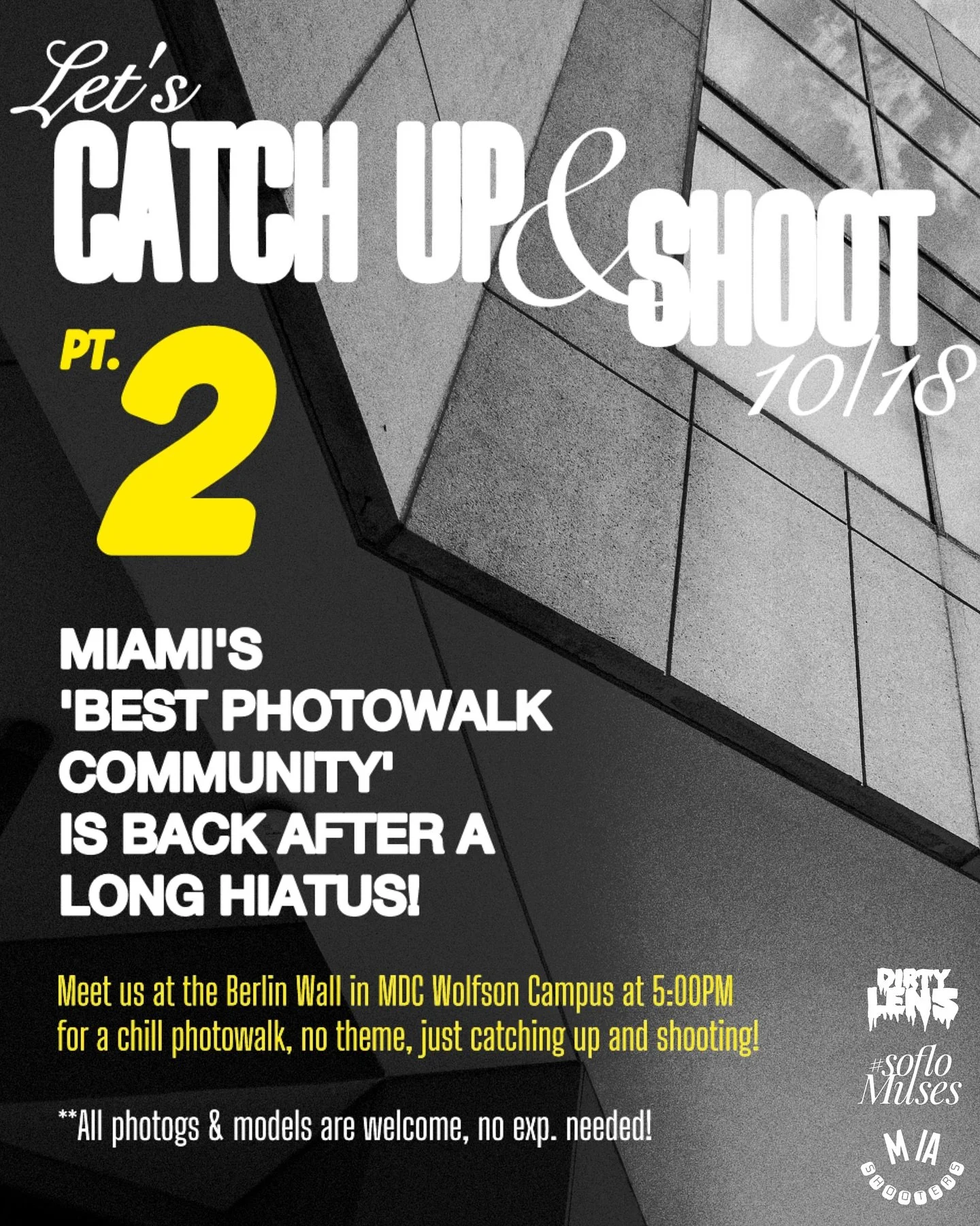 Let's #CatchUpAndShoot AGAIN! 📸🙌 This time @ 5:00pm so we can end with some #goldenhour magic! ☀️ MODELS PULL UP! 💃 #Photowalk led by @dirtylen5 #miashooters #soflomuses
.
.
#miamiphoto #miamimeetup #miamiphotomeet #miamiphotowalk #miamiphotograph