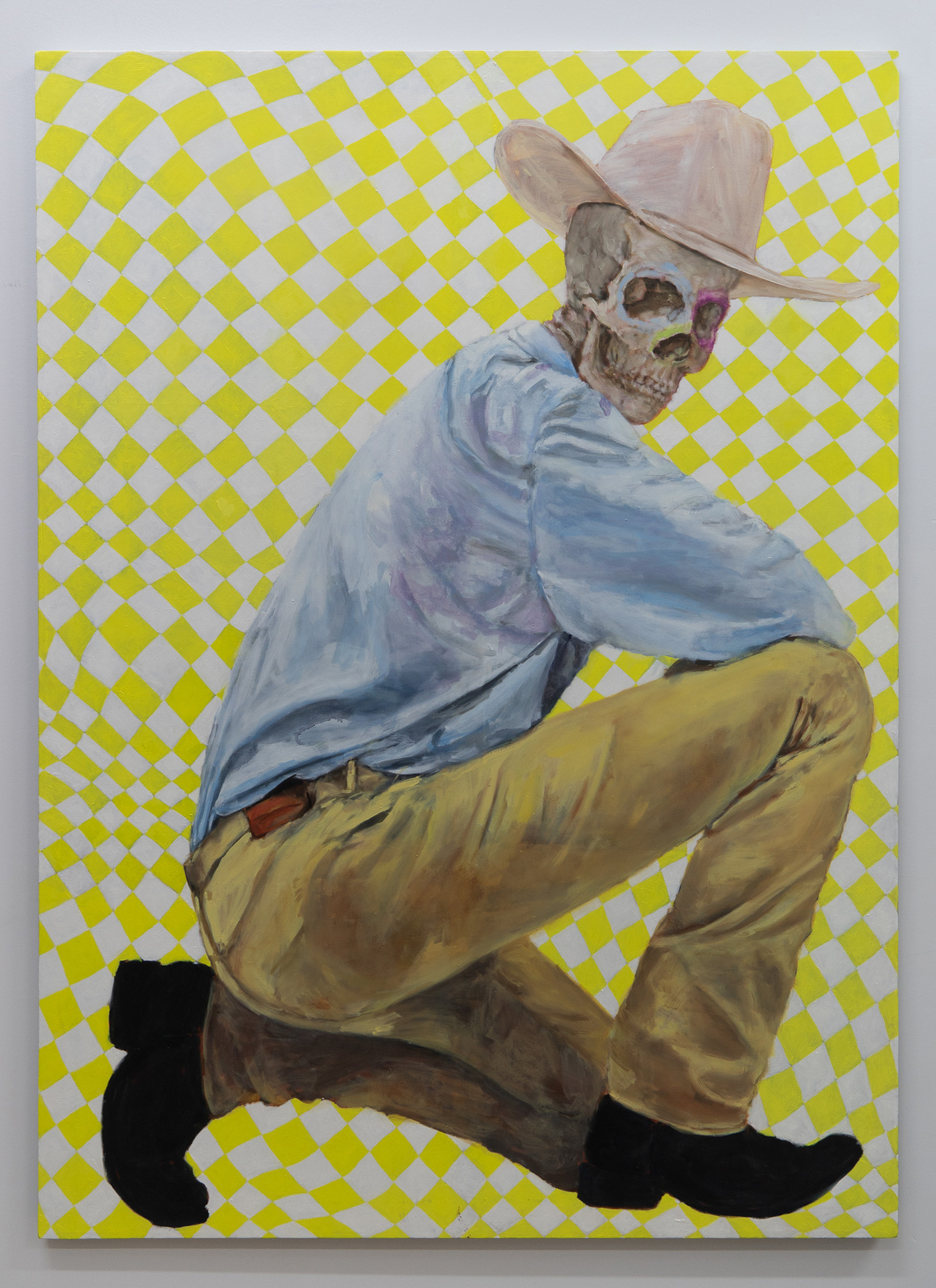  Graham Hamilton,  New American , 2015-2018, oil and acrylic on cotton shirting, 57 x 40 1/4 inches 