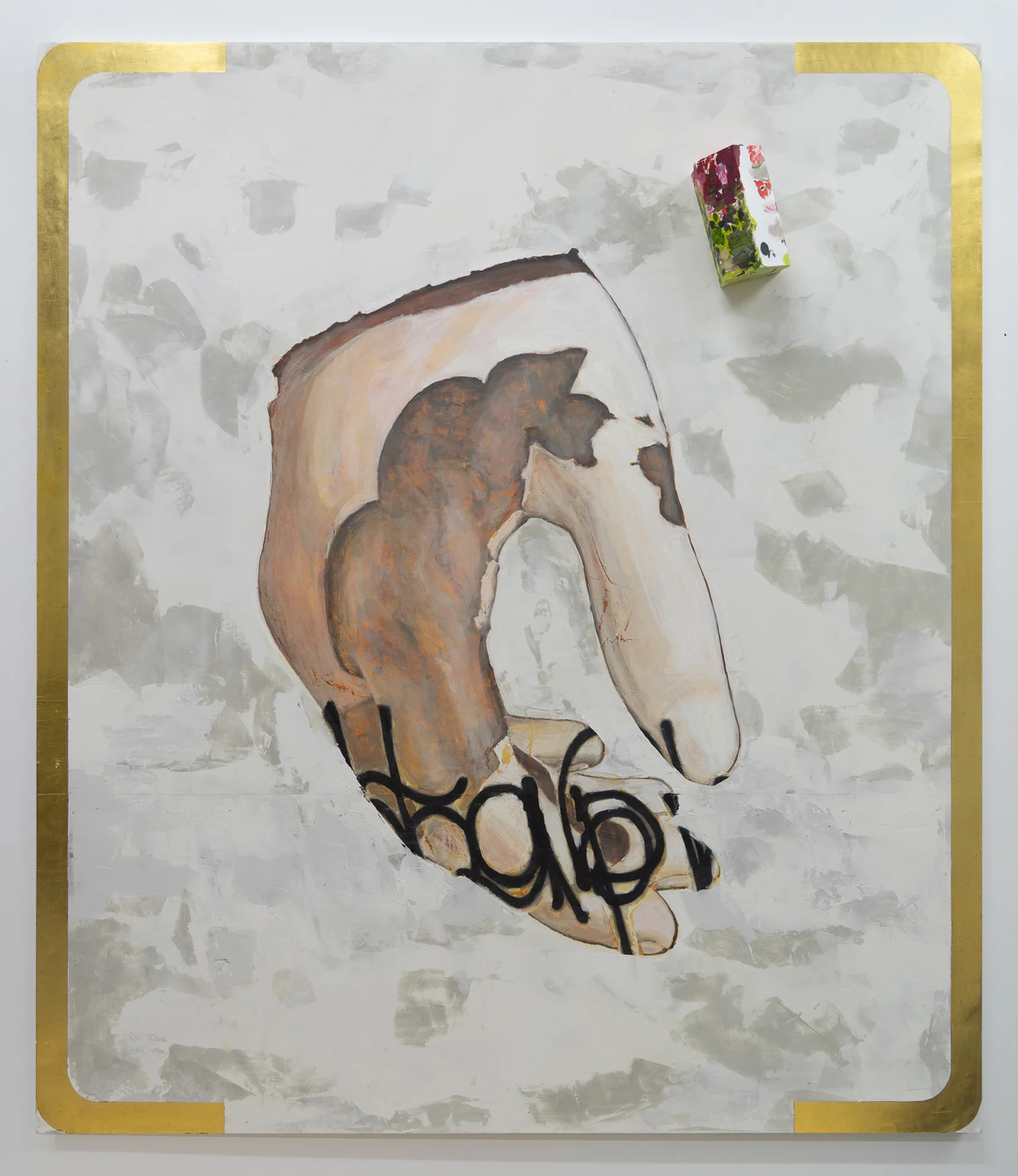Graham Hamilton Parentheses, Epitaph, Epigraph , 2018 Oil, acrylic, Flashe, gold leaf and joint compound on plywood 69 1/2 x 60 1/4 x 7 3/4 inches 176.5 x 153 x 19.7 cm