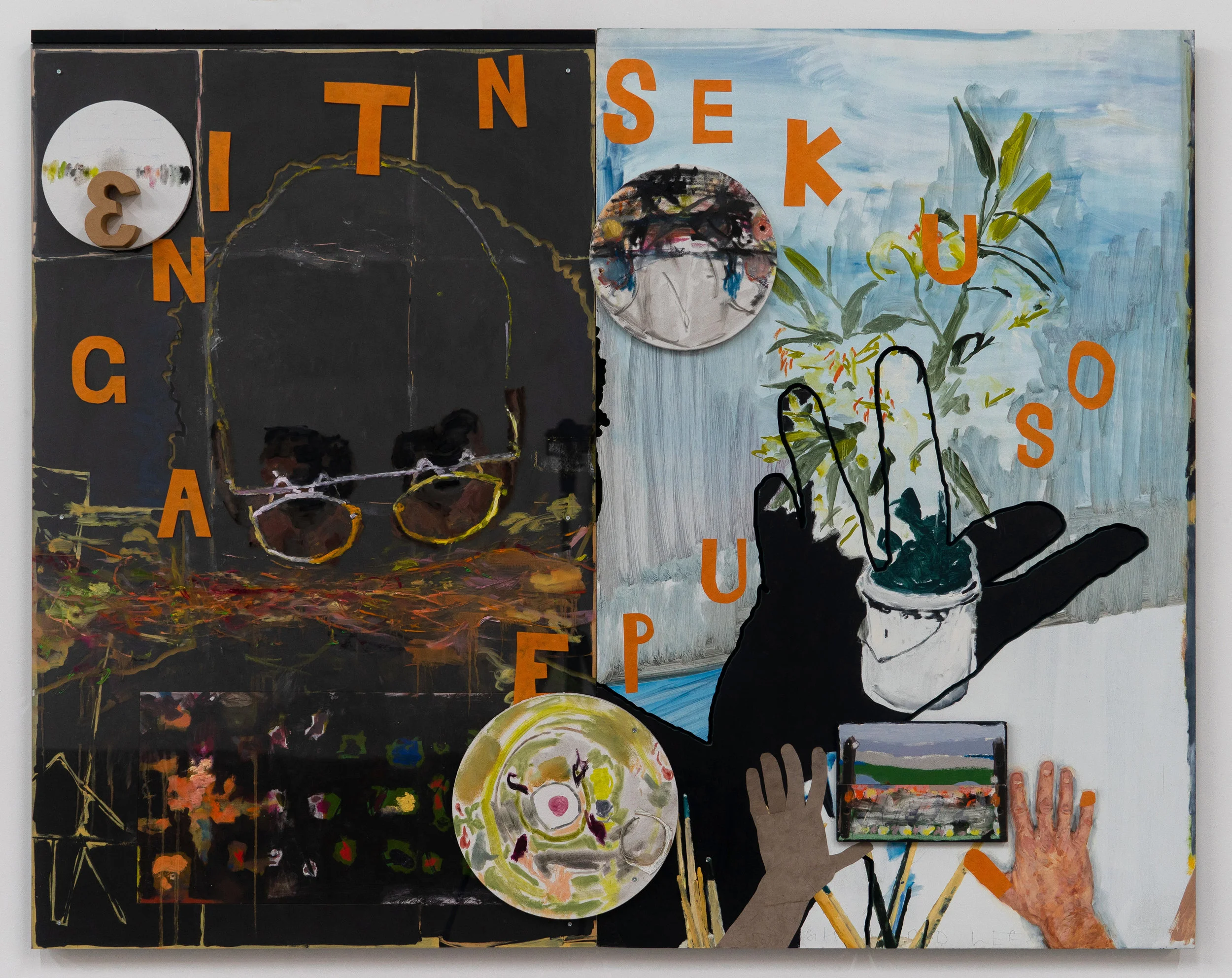 Graham Hamilton Speak in Tongues , 2015-2018 Oil, acrylic, flashe, pastel, japanese washi paper, marker, and papier mache on MDF, plexiglass, plywood and canvas 49 1/8 x 61 7/8 inches 124.8 x 157.2 cm