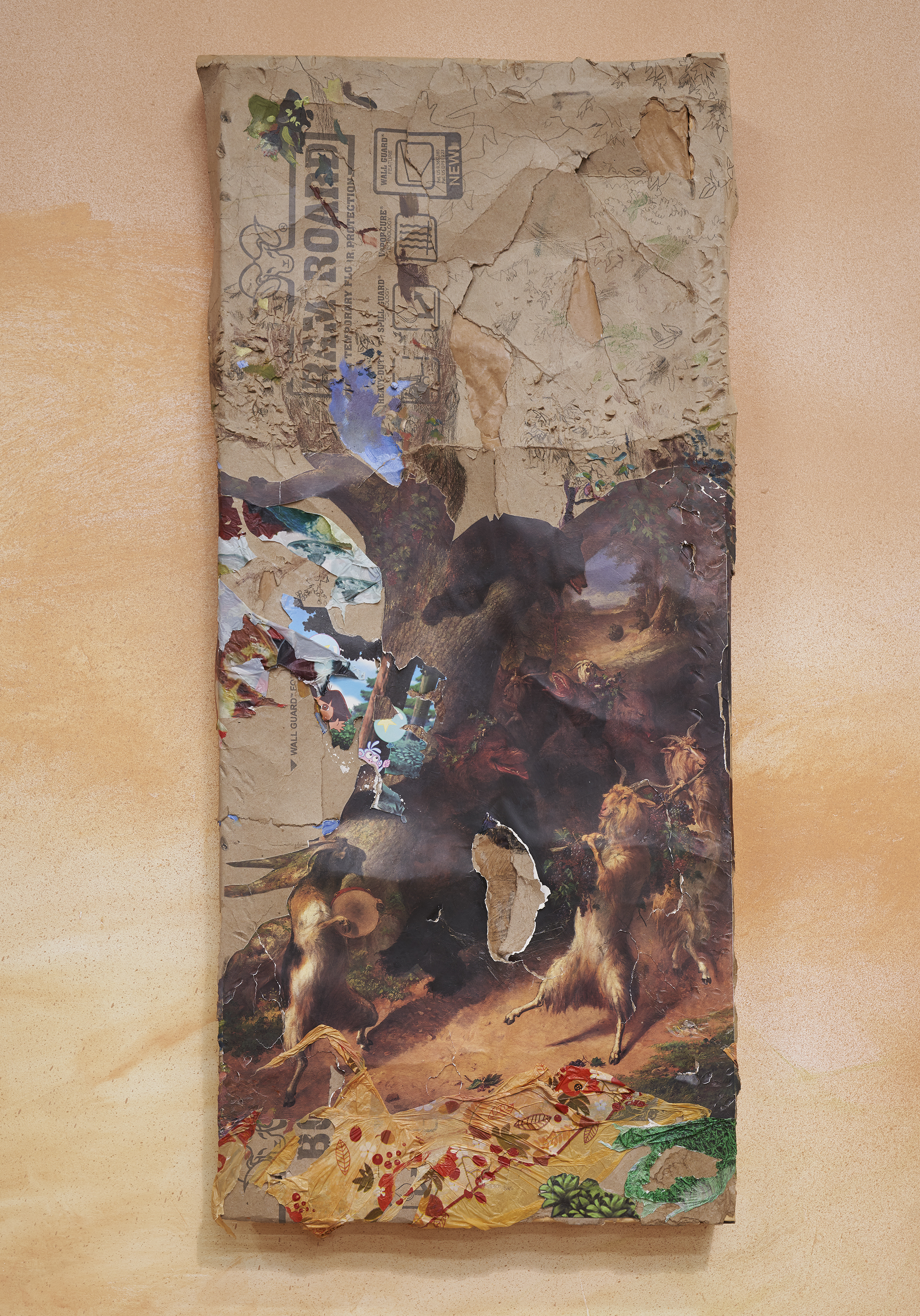 Camille Hoffman Blows From Boughs , 2018 Ramboard, Dora the Explorer party banner, Thanksgiving tablecloth, Super Bowl tablecloth, William Holbrook Beard’s March of Sylinius Gift Shop Poster, oil, and graphite on wood 47 x 21 x 4 inches