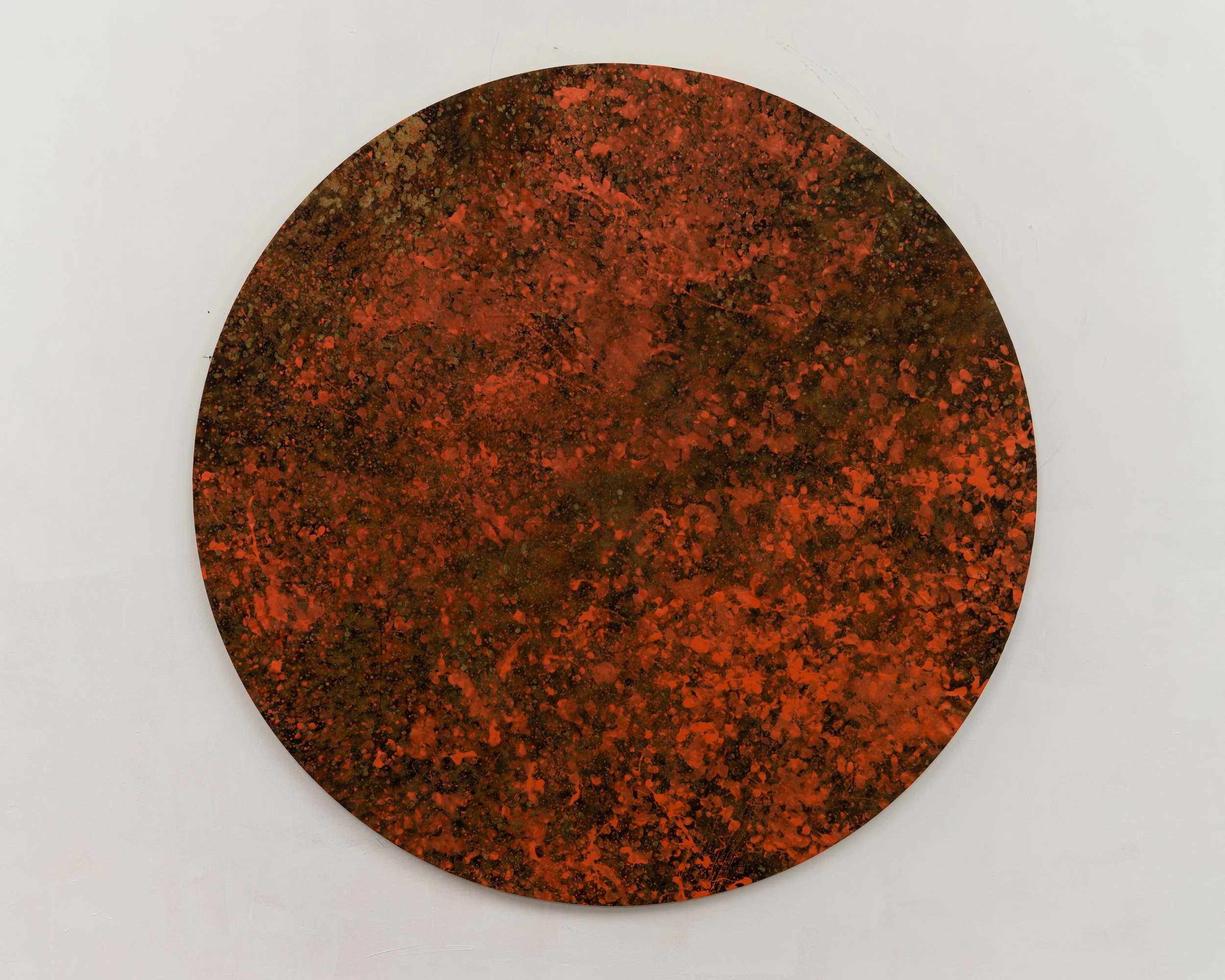 Emilie Gossiaux, Looking at the Sun with Your Eyes Closed , 2018, Enamel, oil paint, and batik wax on fabric, 64 x 64 inches