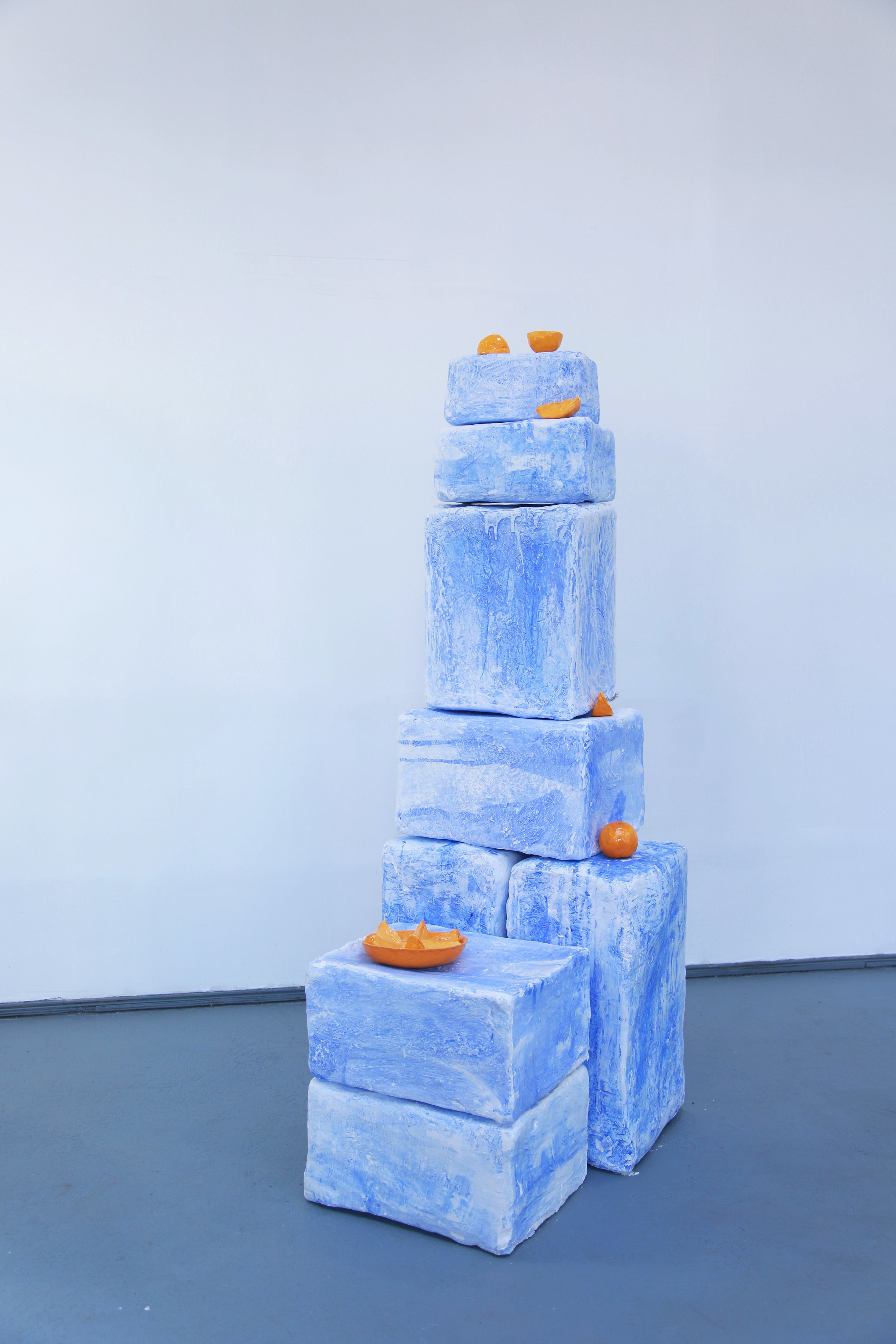  Emilie Gossiaux,  Blue Stacks , 2017, Ceramic, plaster, burlap, pigment, dimensions variable 