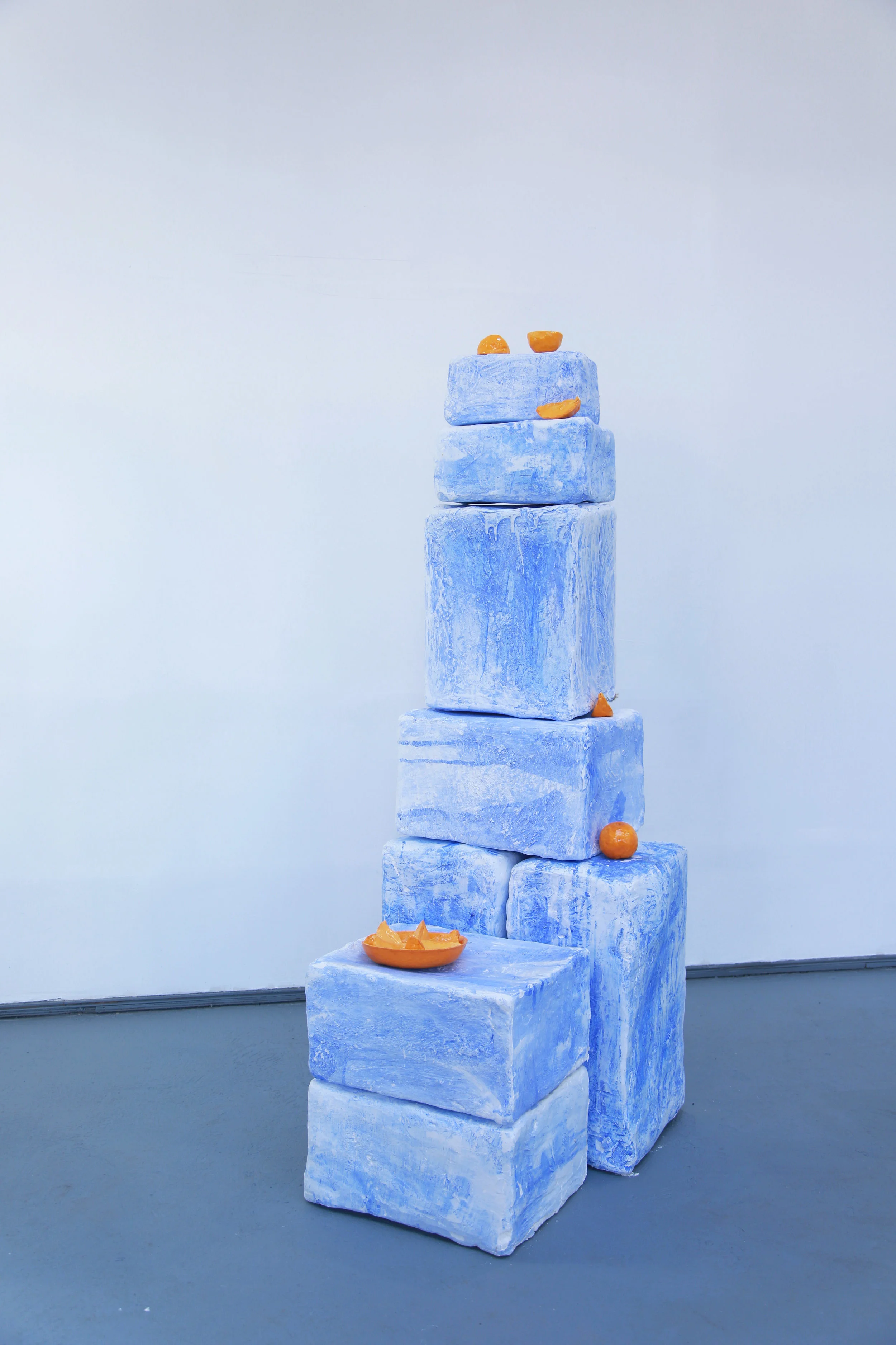 Emilie Gossiaux, Blue Stacks , 2017, Ceramic, plaster, burlap, pigment, dimensions variable