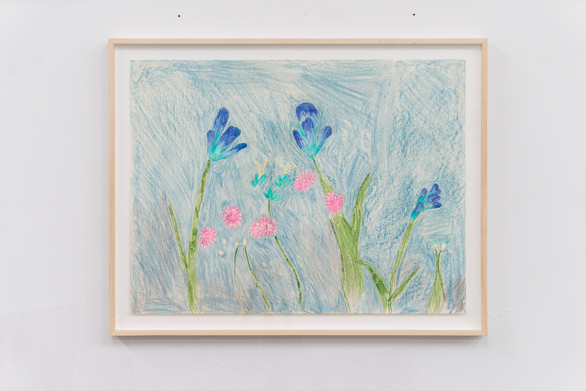  Emilie Gossiaux,  Blue-tiful Garden , 2018, Ink, wax pastel on newsprint, 17 1/2 x 23 inches 