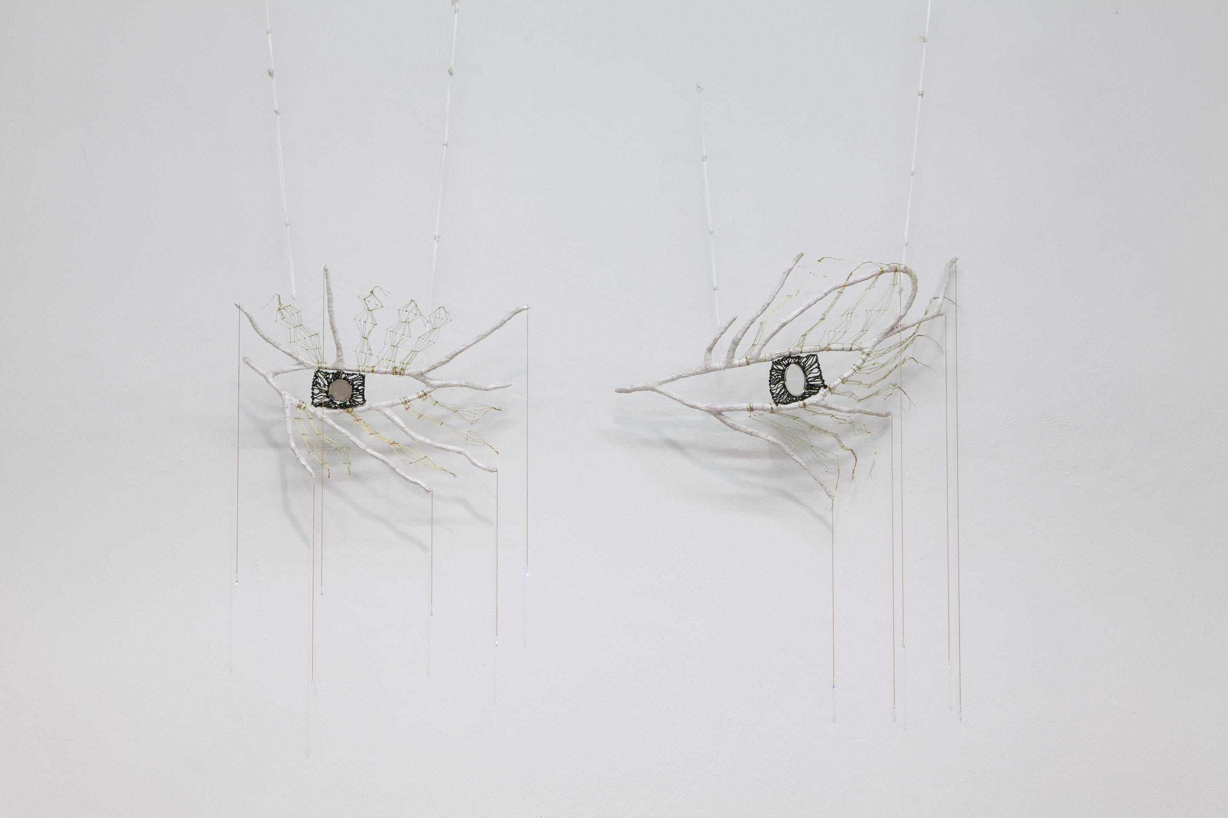  Mindy Rose Schwartz   Hamsa , 2018 Branches, cord, thread, mirrors, crystals, chain 40 x 64 x 10 inches 101.6 x 162.6 x 25.4 cm 
