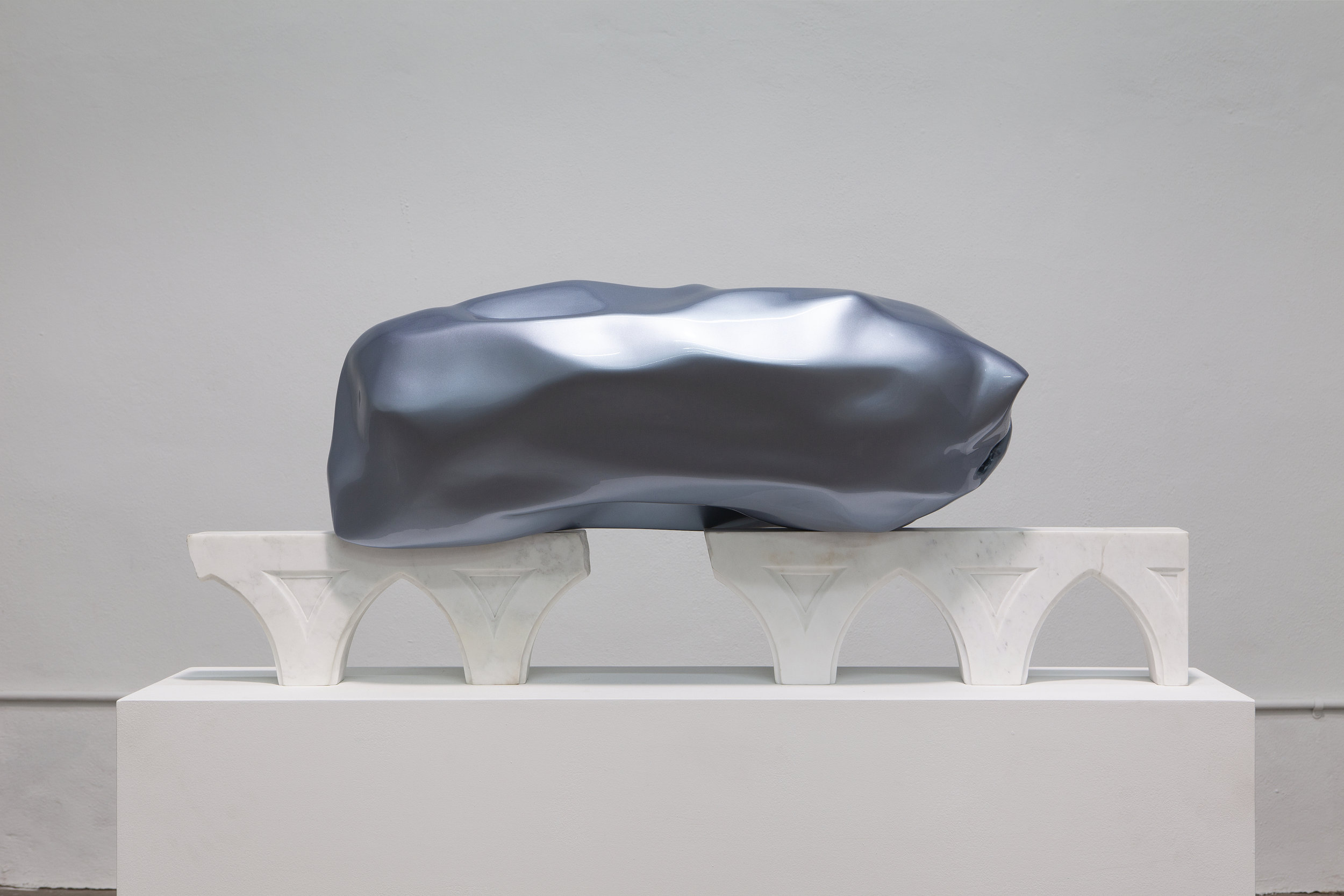  Carol Peligian,  Best Kept , 2019, Aluminum and painted fiberglass on marble, 21 × 48 × 18 inches 