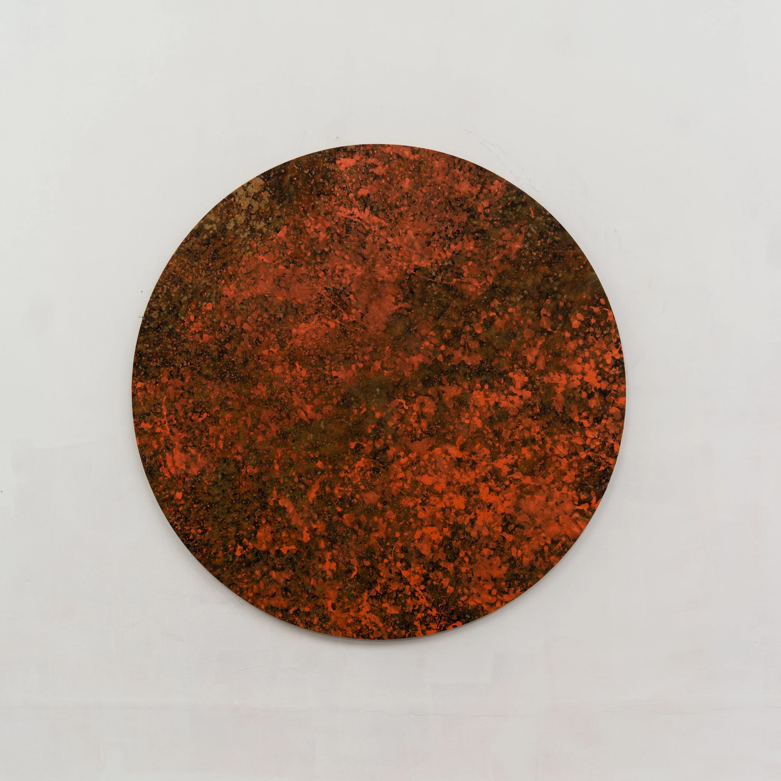 Emilie Gossiaux, Looking at the Sun with Your Eyes Closed , 2018 | Enamel, oil paint, and batik wax on fabric | 64 x 64 inches