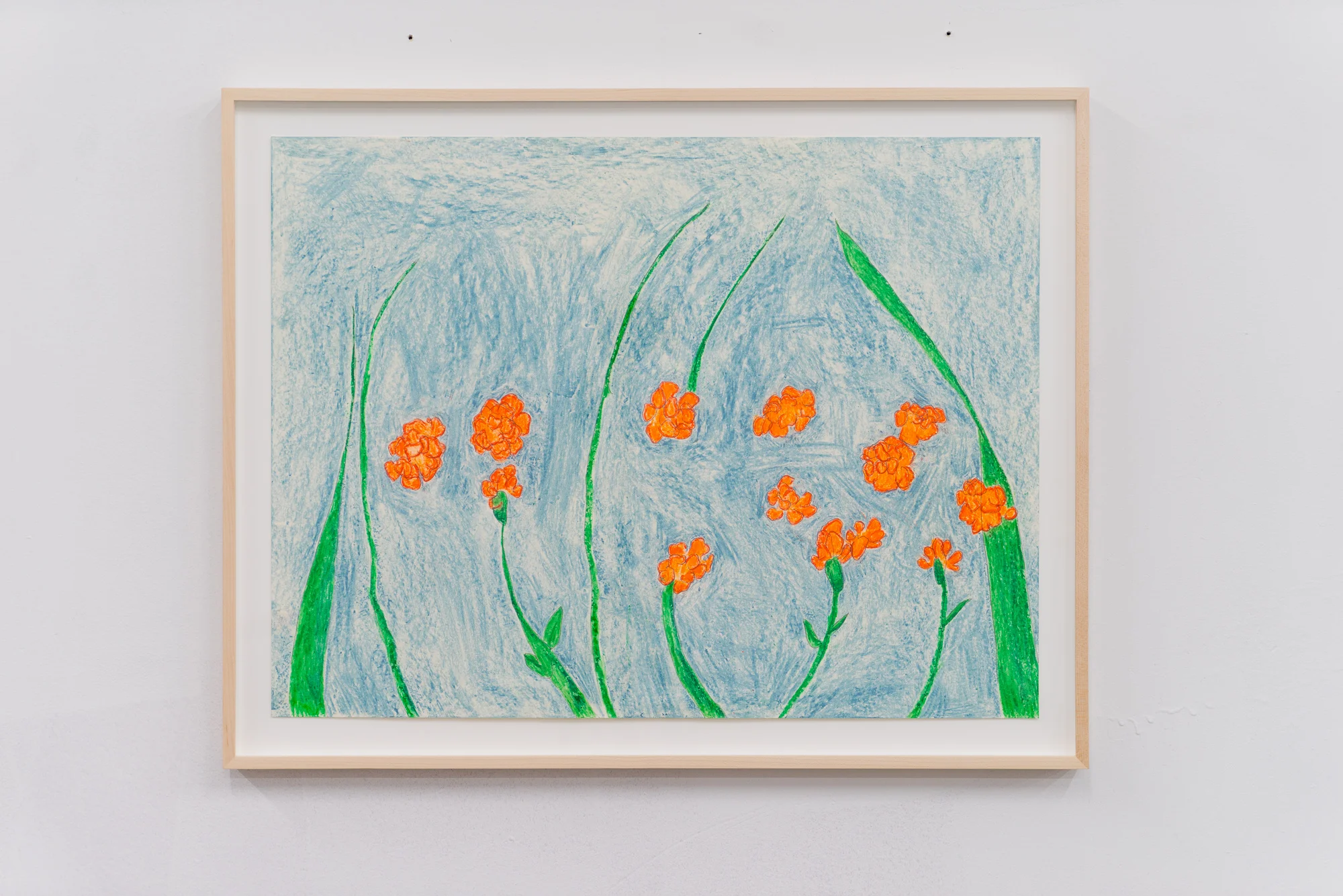 Emilie Gossiaux, Atomic Tangerine Garden , 2018 | ink, wax pastel on newsprint | 20 x 25 inches (framed)